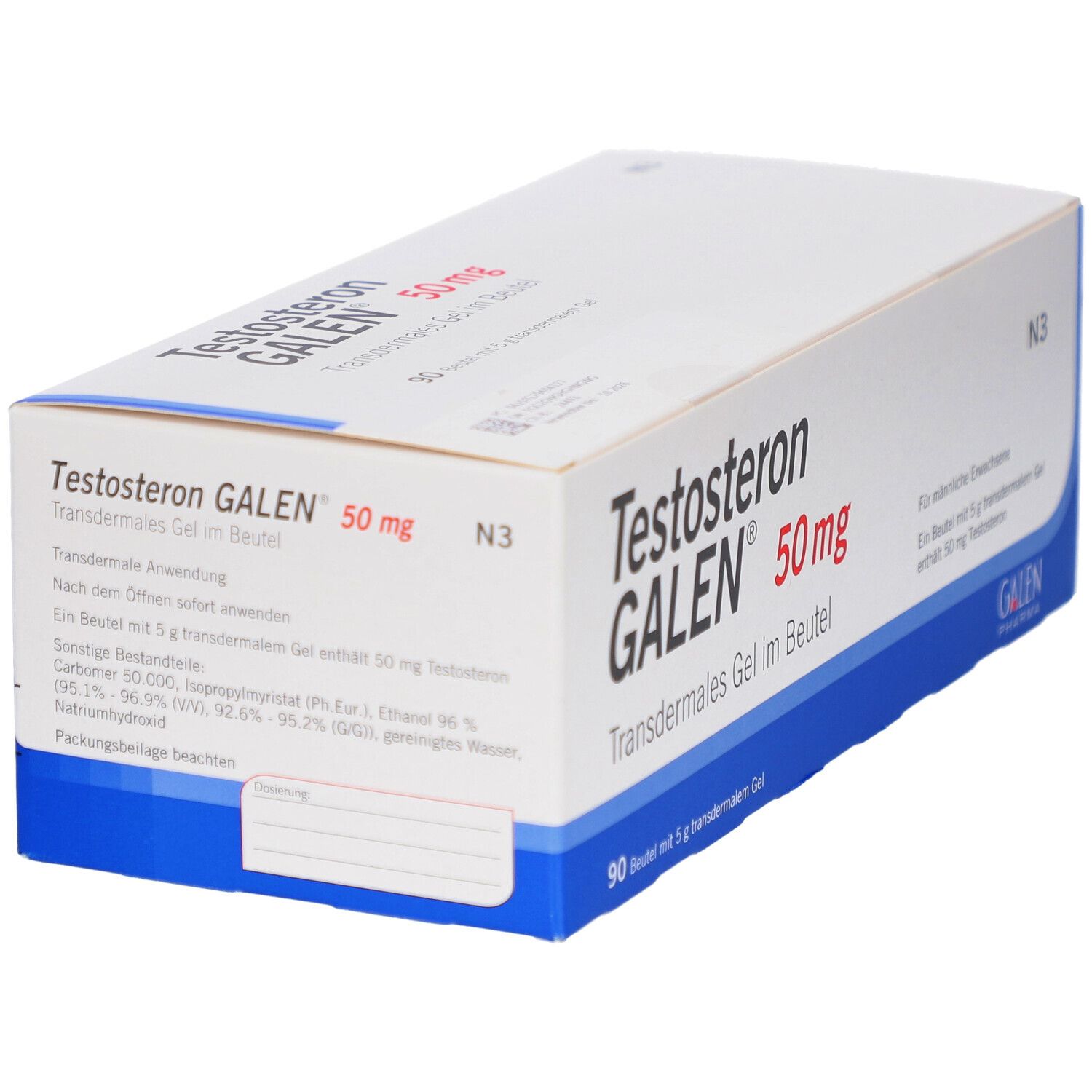 Karton mit Produktaufdruck: Testosteron GALEN 50 mg transdermales Gel im Beutel. Text auf der Seite.