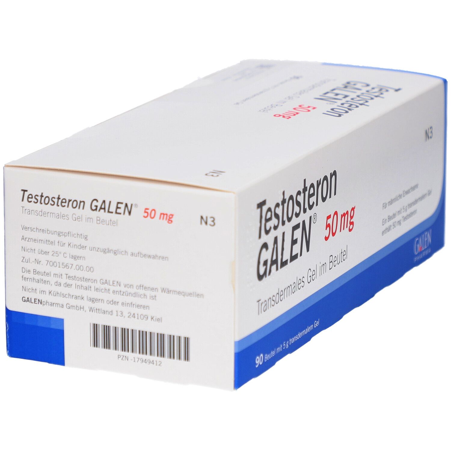 Karton mit Produktaufdruck: Testosteron GALEN 50 mg transdermales Gel im Beutel. Detailansicht mit Barcode.
