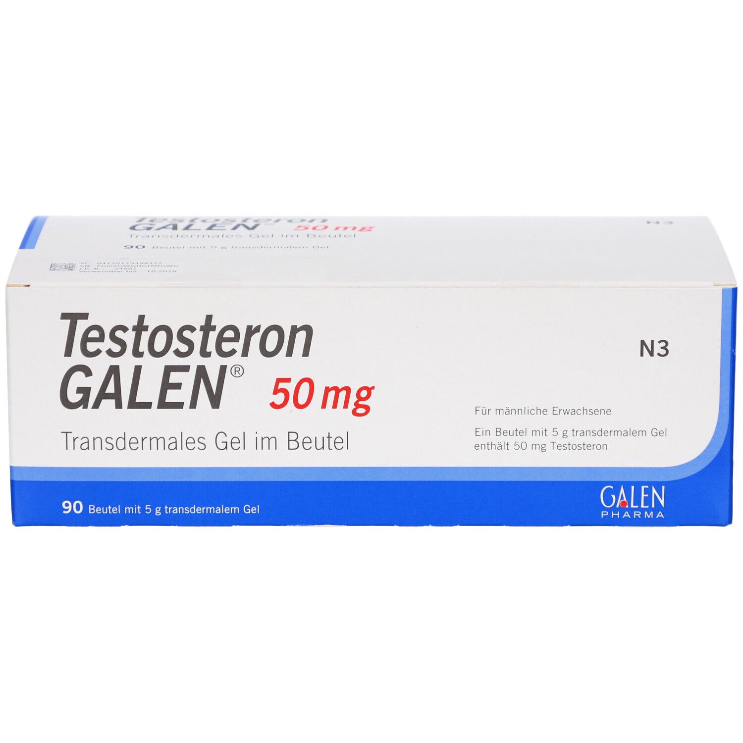 Karton mit Produktaufdruck: Testosteron GALEN 50 mg transdermales Gel im Beutel. Blaue und weiße Verpackung.