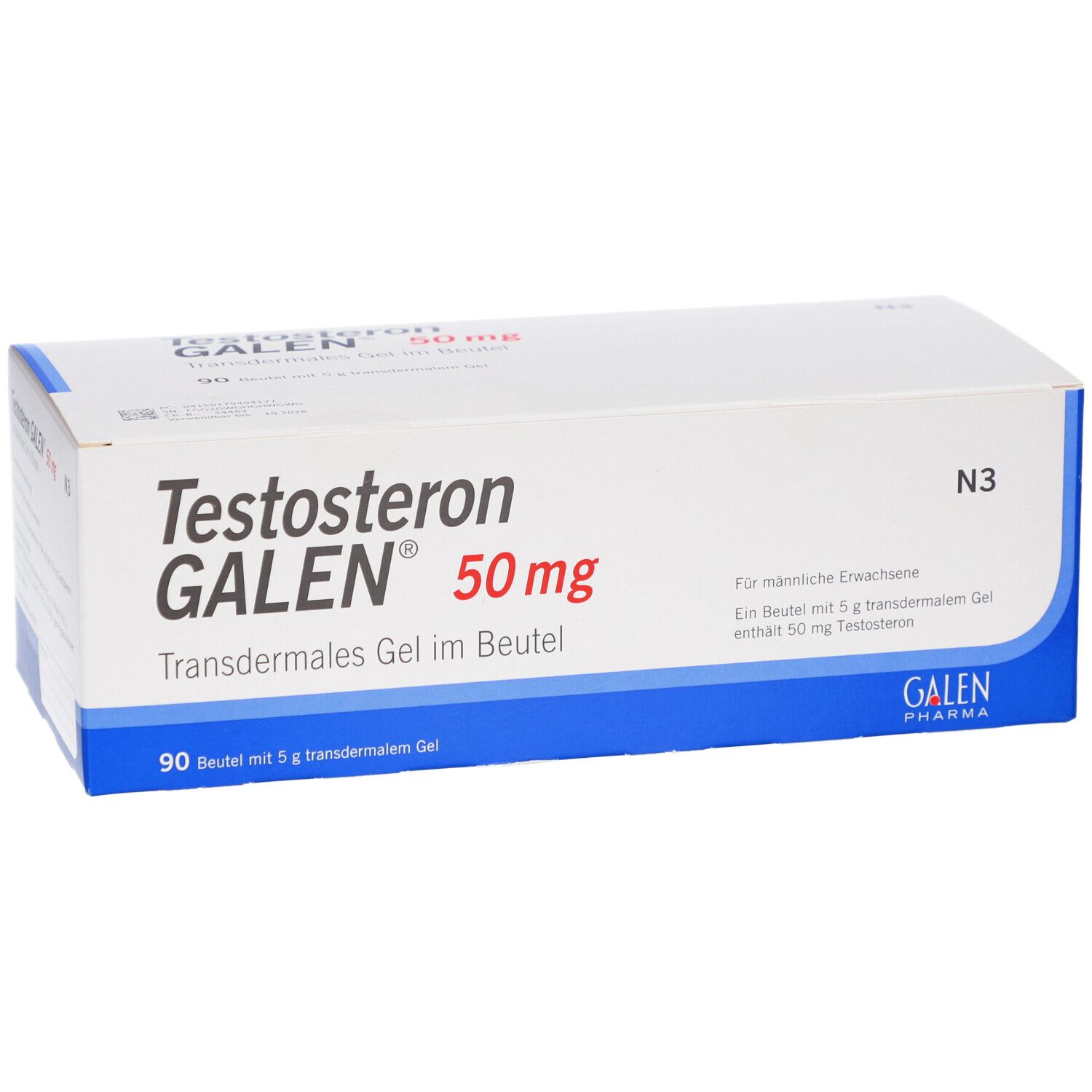 Karton mit Produktaufdruck: Testosteron GALEN 50 mg transdermales Gel im Beutel. Blaue und weiße Verpackung.