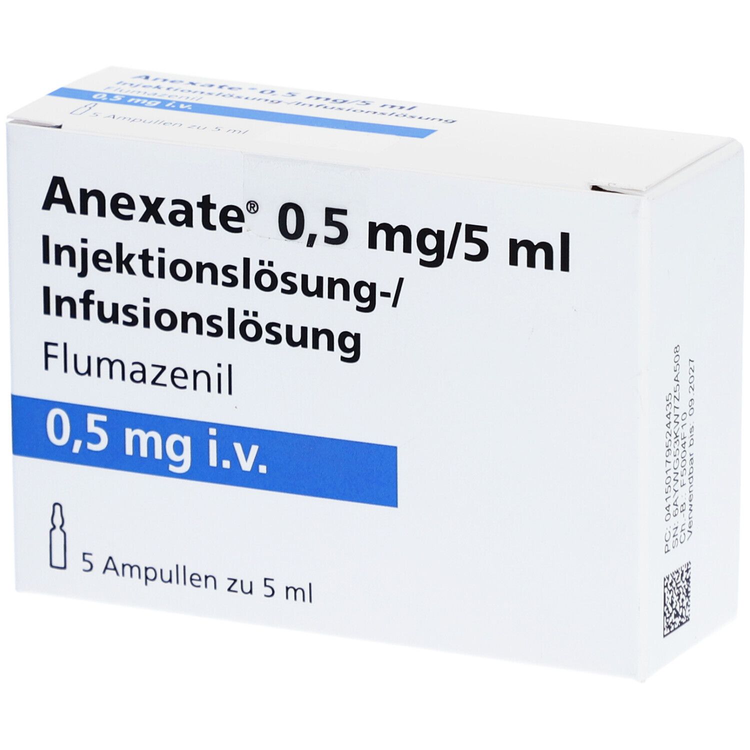 Weiße Faltschachtel mit Aufschrift Anexate 0,5 mg/5 ml Injektionslösung. Enthält 5 Ampullen.