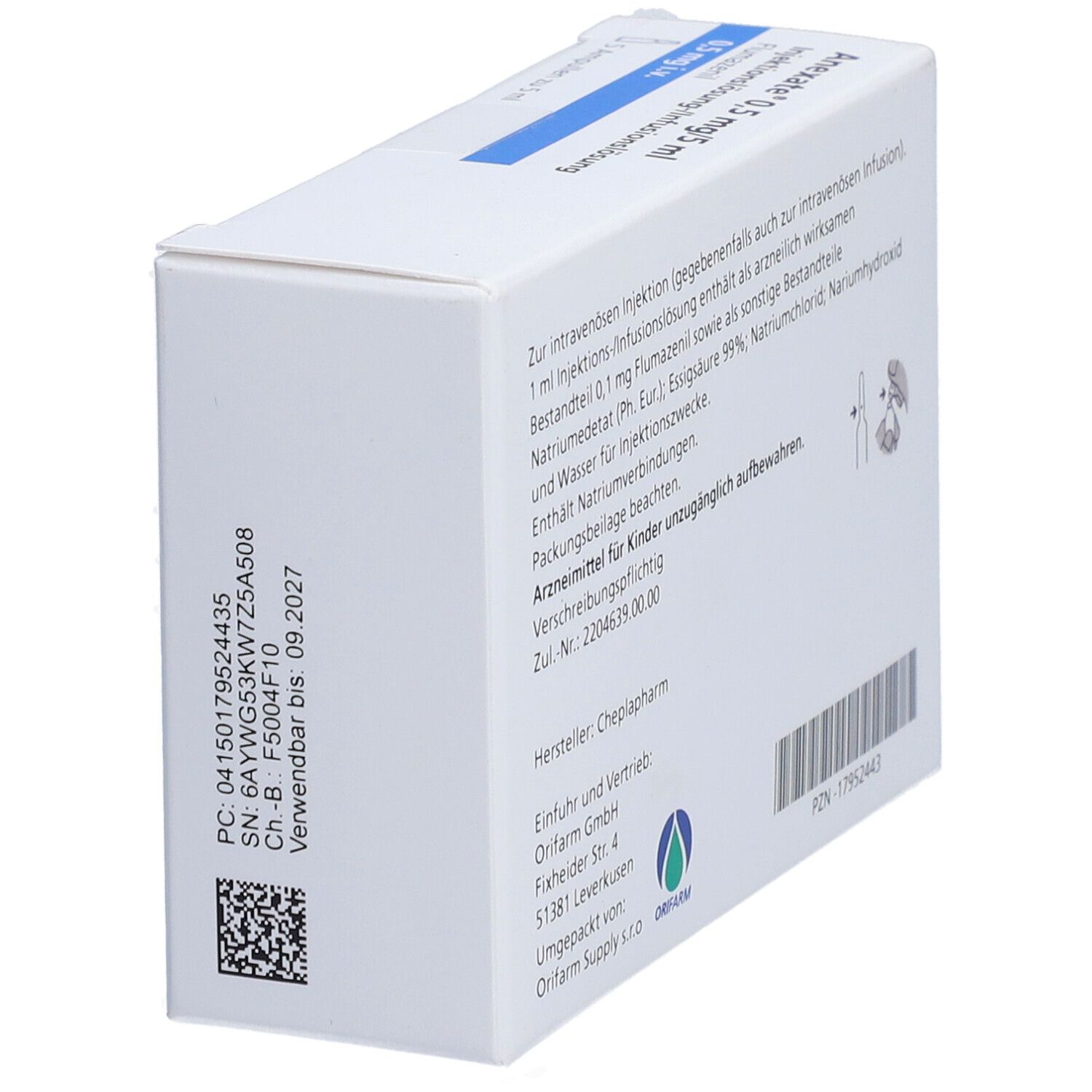 Seitenansicht einer weißen Faltschachtel mit Text. Enthält Informationen und QR-Code.
