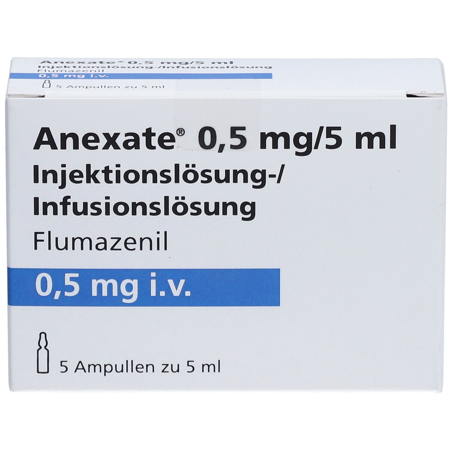 Weiße Faltschachtel mit Aufschrift Anexate 0,5 mg/5 ml Injektionslösung. 5 Ampullen.