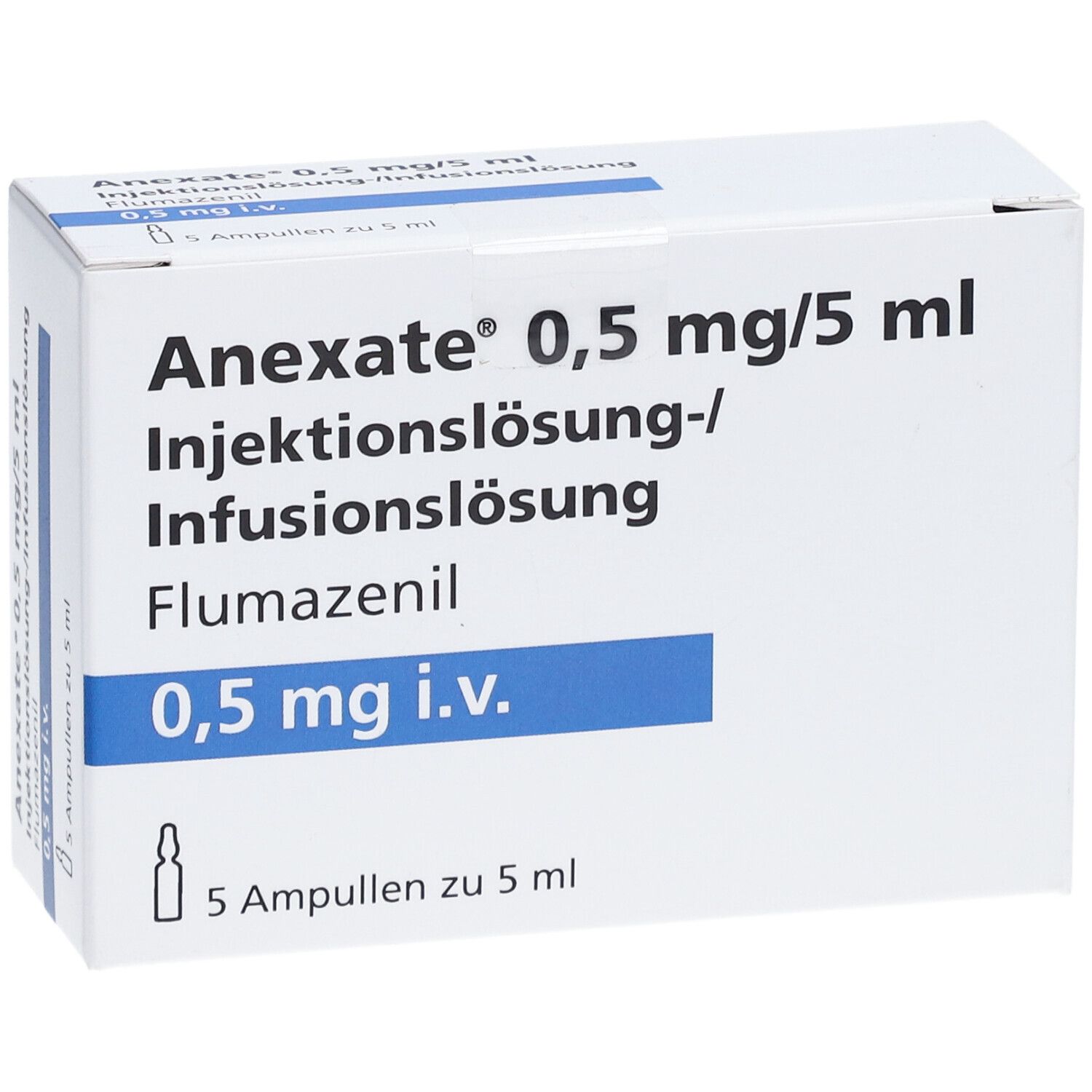 Weiße Faltschachtel mit Aufschrift Anexate 0,5 mg/5 ml Injektionslösung. 5 Ampullen.