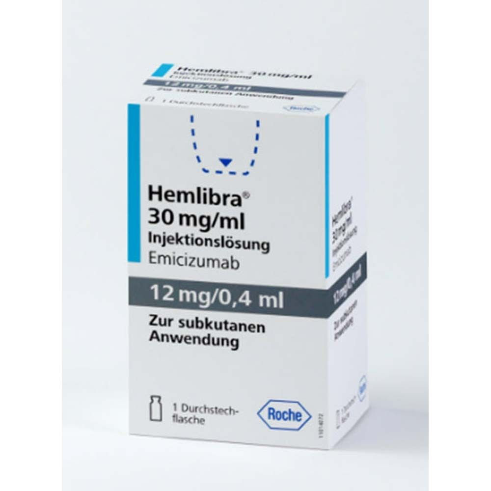 Weiße Faltschachtel mit blauen Akzenten. Beschriftung: Hemlibra 30 mg/ml Injektionslösung, 12 mg/0,4 ml. Roche-Logo.