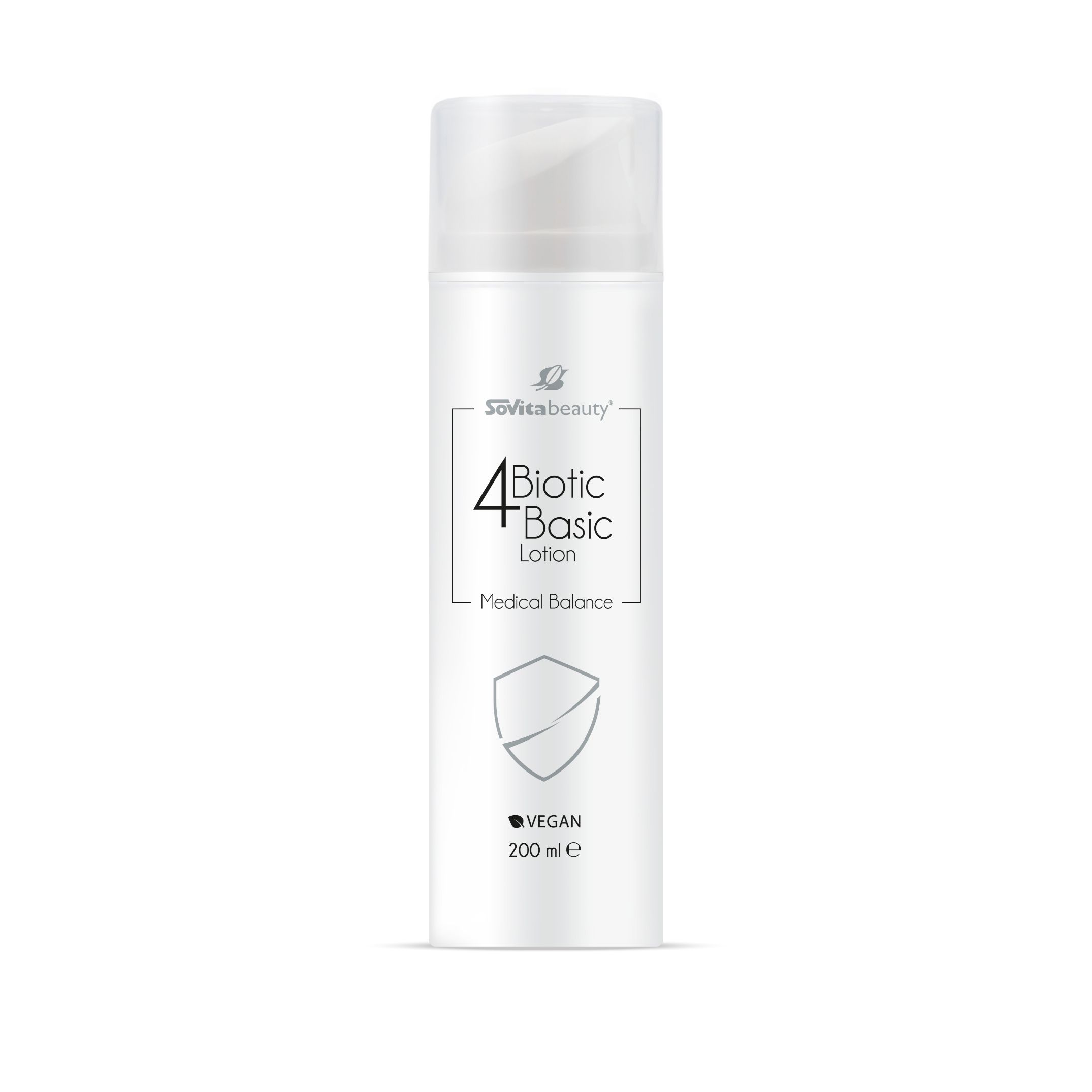 Weiße Lotion-Flasche mit Dosierkopf. Aufschrift: 4 Biotic Basic Lotion, Medical Balance, Vegan, 200 ml.