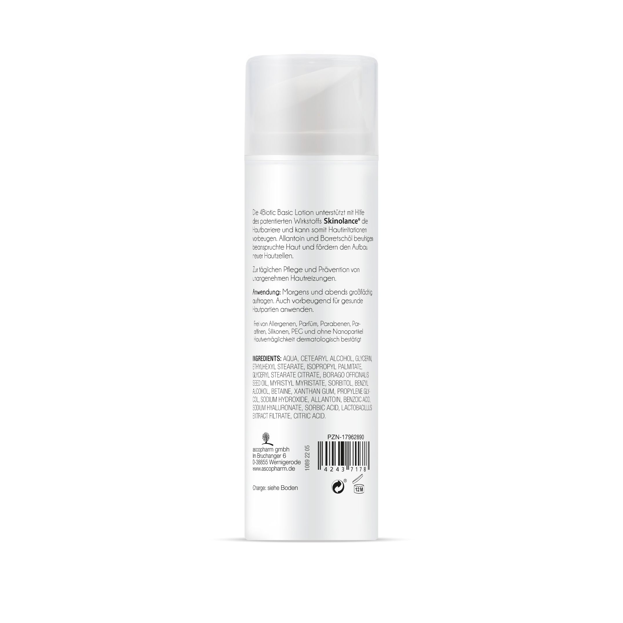 Rückseite der Lotion-Flasche. Text: Inhaltsstoffe, Anwendung, Warnhinweise. Barcode und Herstellerinformationen.