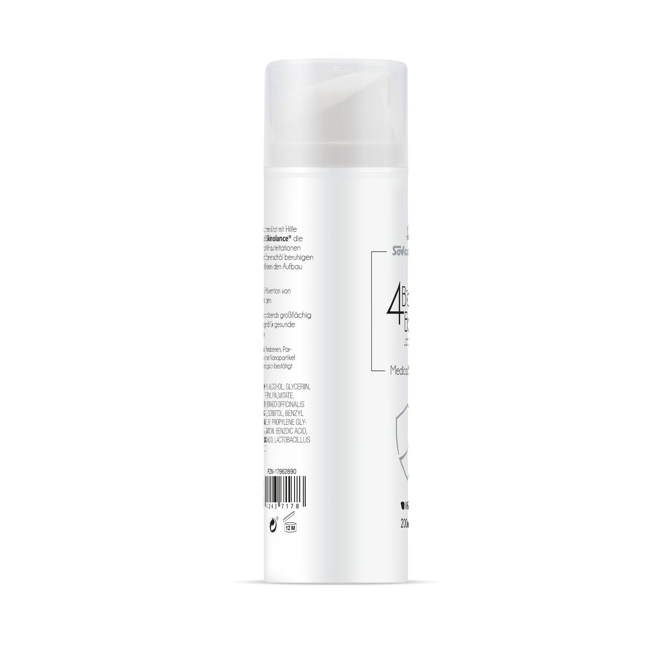 Seitenansicht der Lotion-Flasche. Text: 4 Biotic Basic Lotion, Medical Balance. Barcode und Herstellerinformationen.
