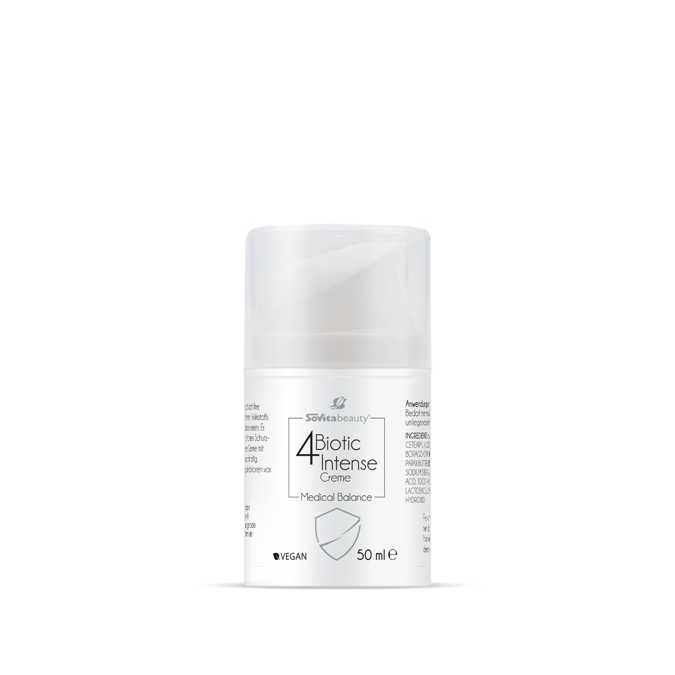 Weiße Creme-Dose mit Klappdeckel. Aufschrift: 4 Biotic Intense Creme, Medical Balance, 50 ml. Vegan-Logo.
