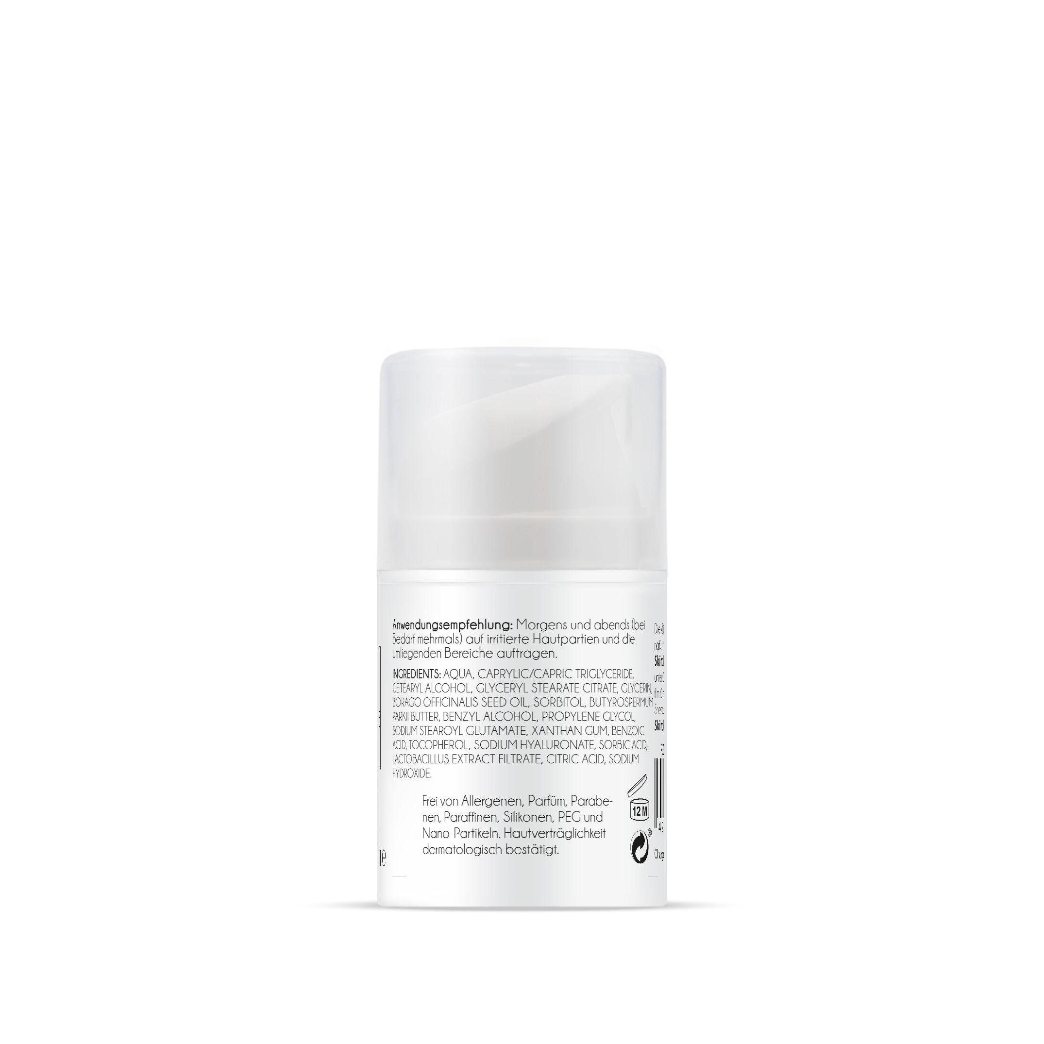 Rückseite der weißen Creme-Dose. Text mit Inhaltsstoffen und Anwendungshinweisen. Vegan-Logo.
