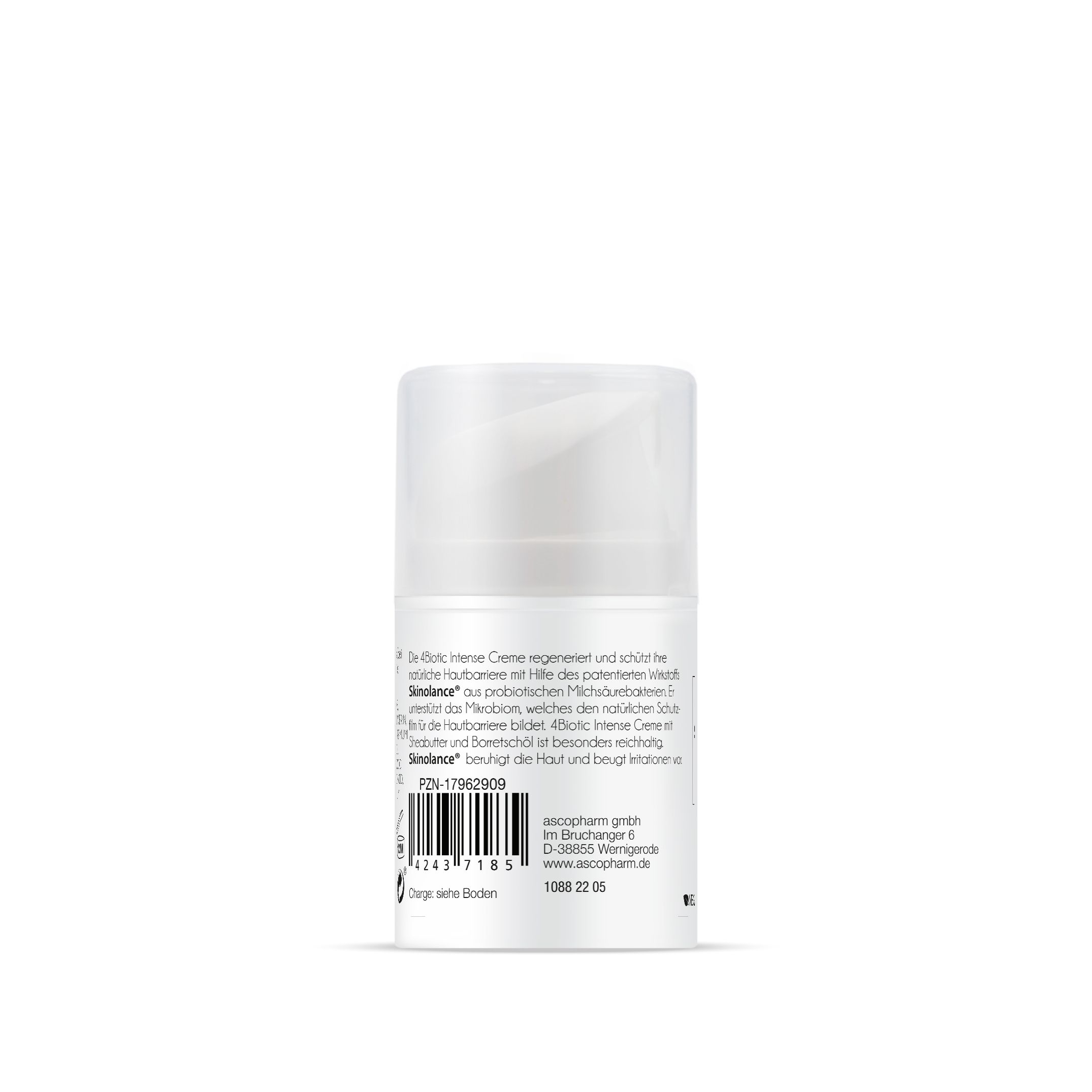 Rückseite der weißen Creme-Dose. Text mit Produktinformationen und Herstellerangaben. Barcode.