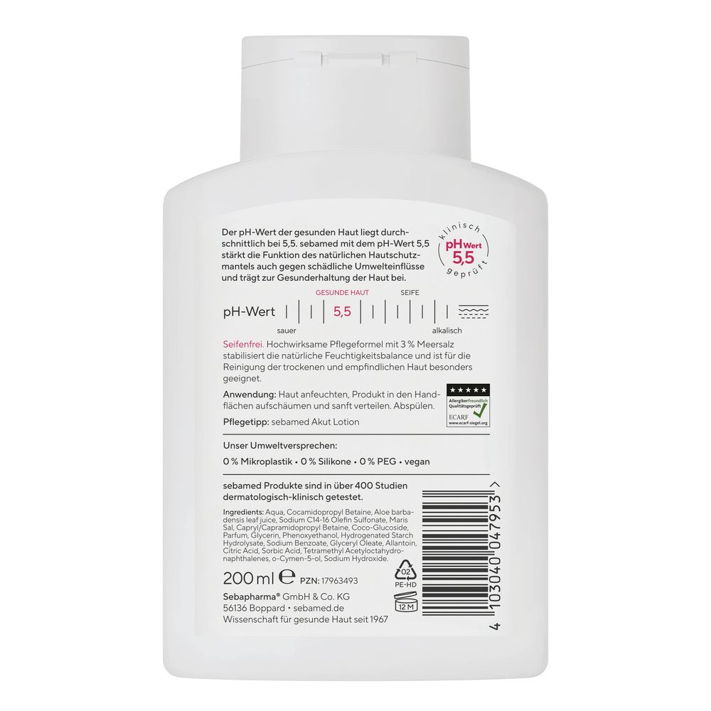 Rückseite der Flasche sebamed® Meersalz Dusche. Text: pH-Wert 5,5, dermatologisch getestet, 200 ml.