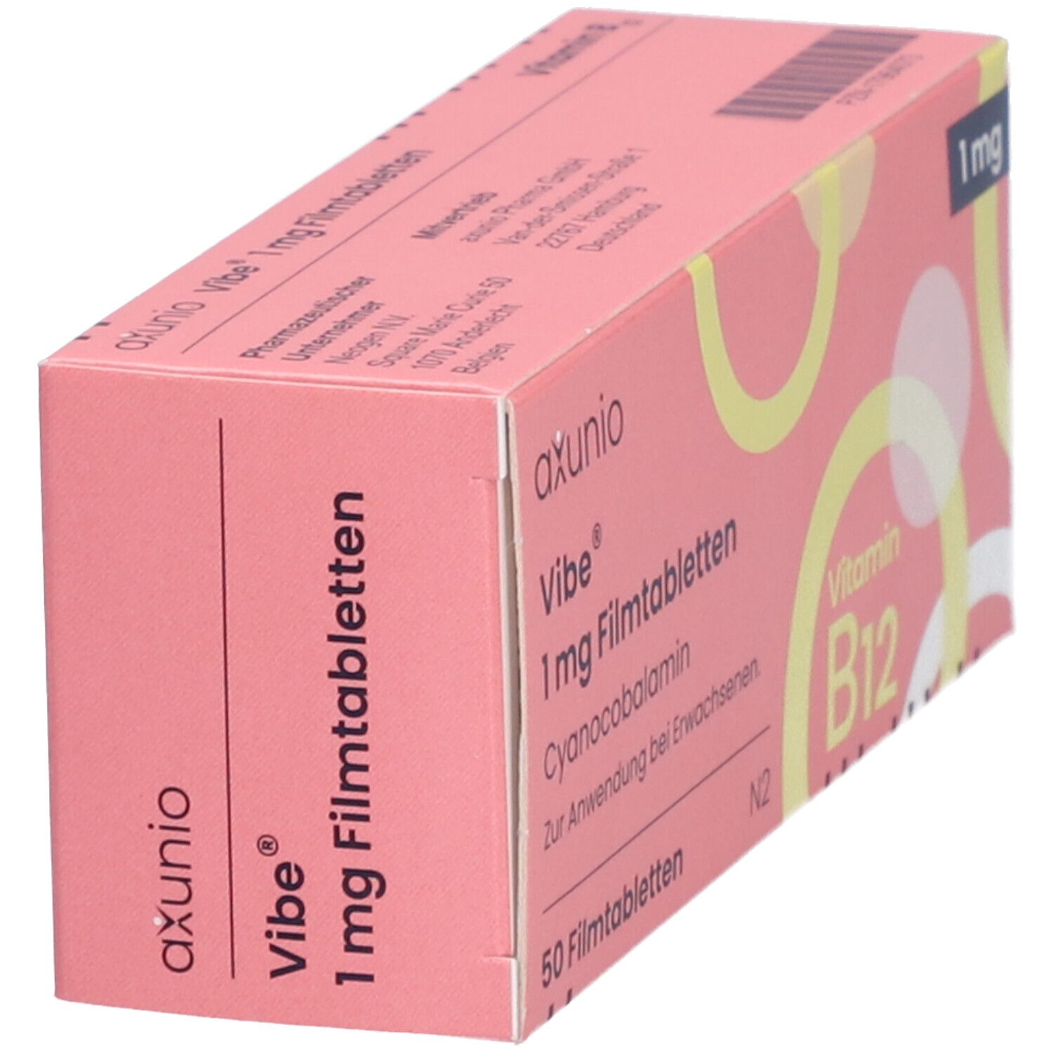 Rosa Schachtel mit VIBE 1 mg Filmtabletten. Aufschrift: Vitamin B12, 50 Filmtabletten. Gelbe Kreise als Designelement. Seitenansicht.