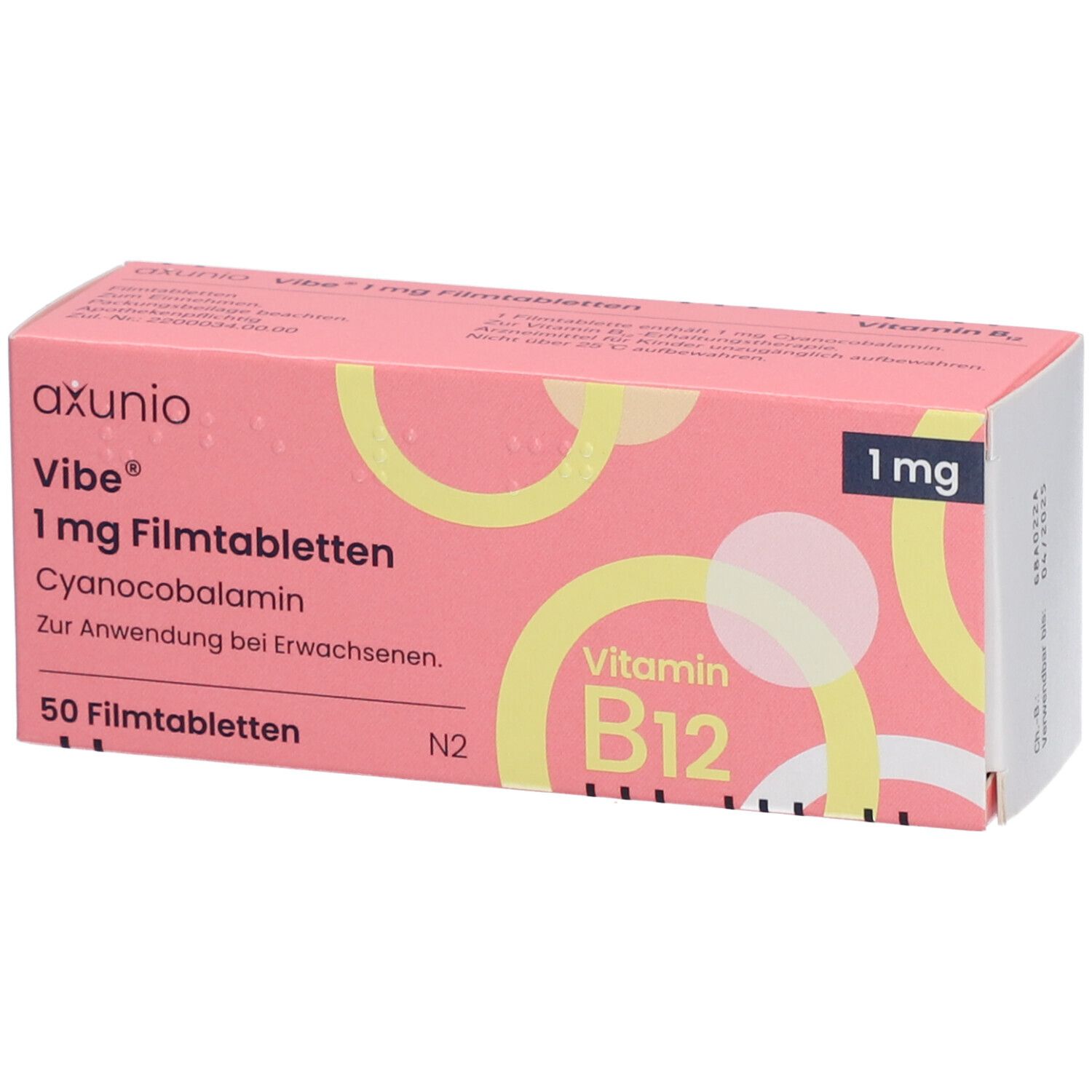 Rosa Schachtel mit VIBE 1 mg Filmtabletten. Aufschrift: Vitamin B12, 50 Filmtabletten. Gelbe Kreise als Designelement.
