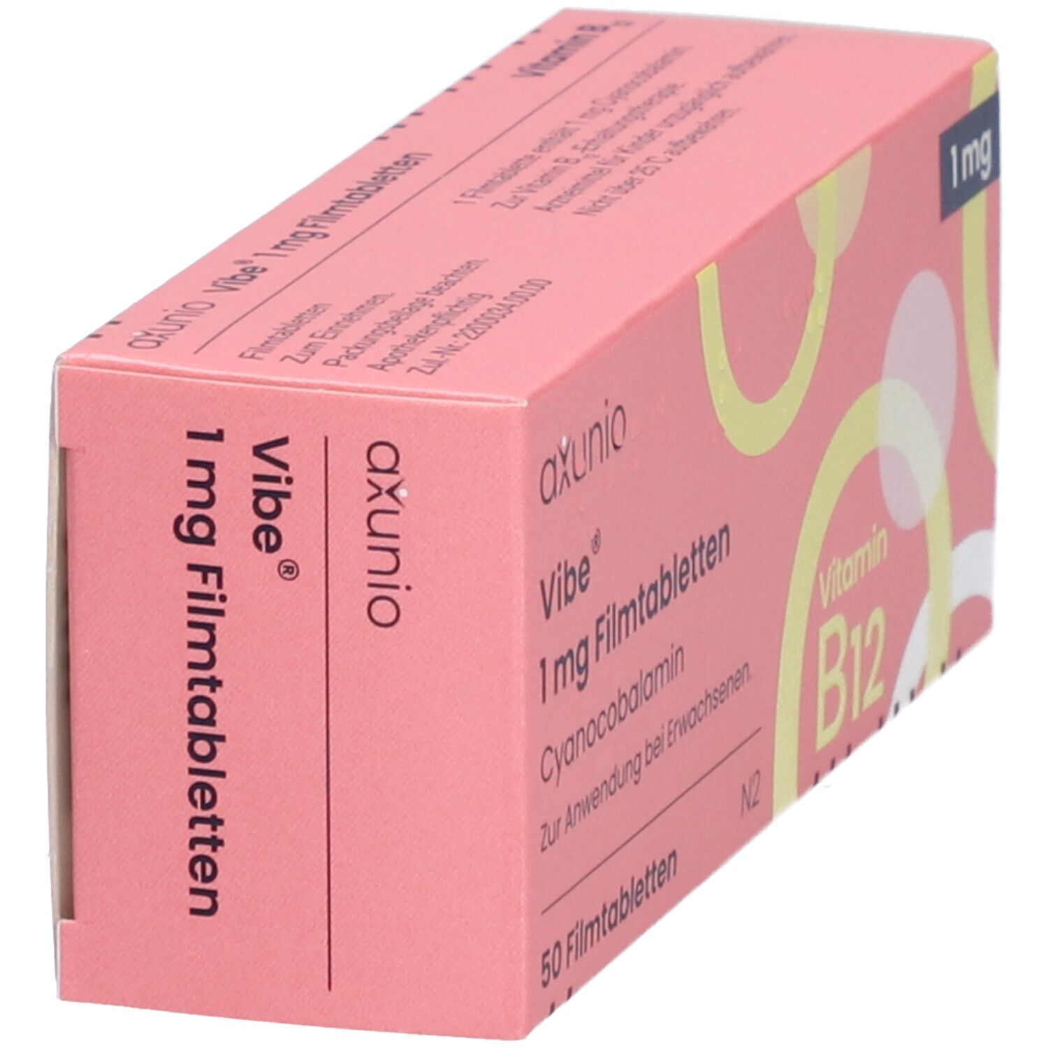 Rosa Schachtel mit VIBE 1 mg Filmtabletten. Aufschrift: Vitamin B12, 50 Filmtabletten. Gelbe Kreise als Designelement. Schräge Ansicht.