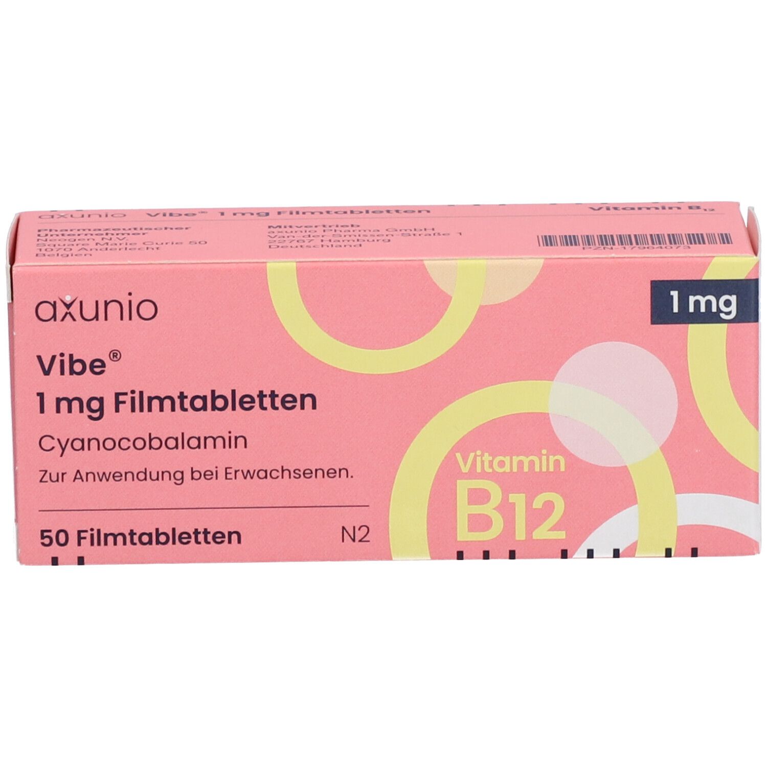 Rosa Schachtel mit VIBE 1 mg Filmtabletten. Aufschrift: Vitamin B12, 50 Filmtabletten. Gelbe Kreise als Designelement.