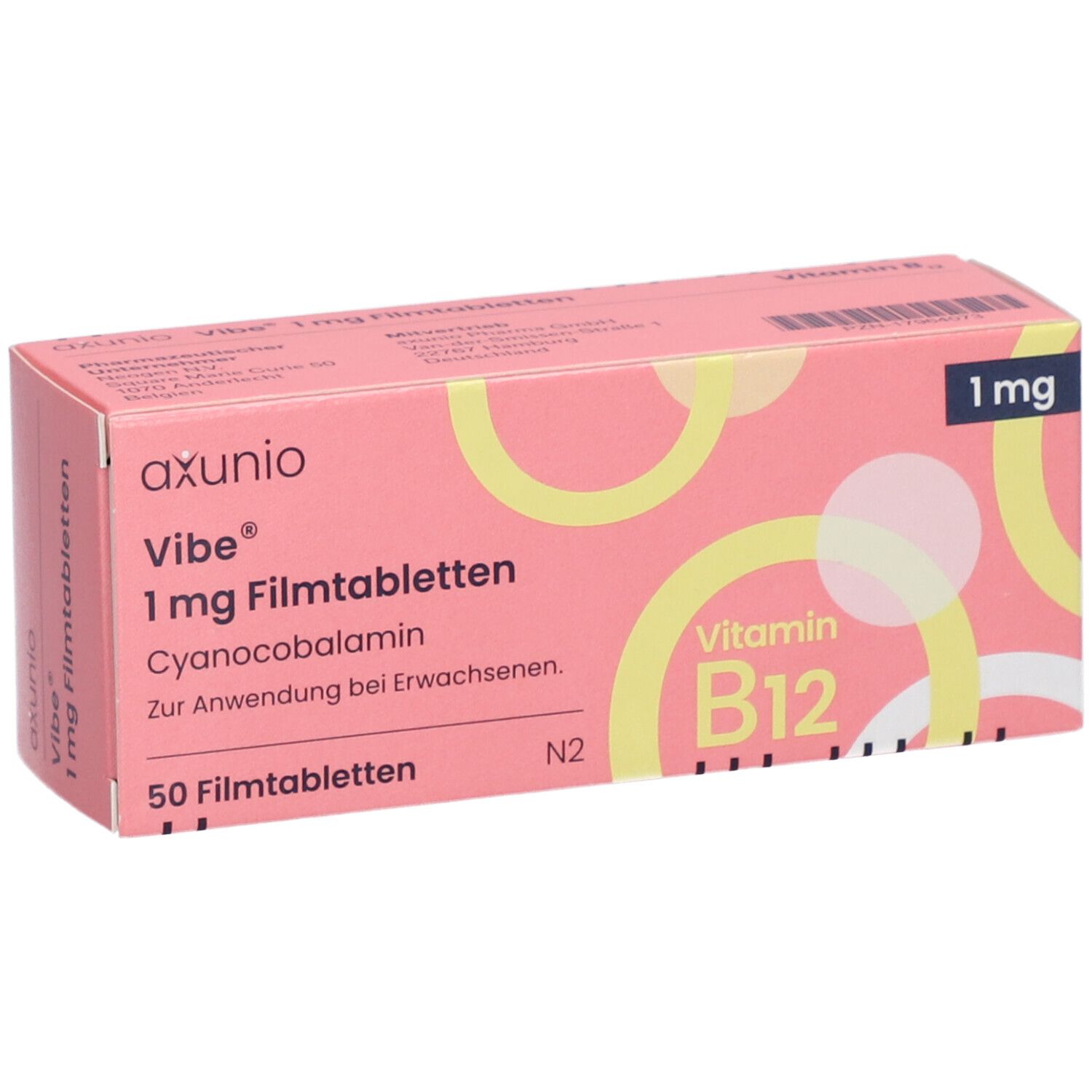 Rosa Schachtel mit VIBE 1 mg Filmtabletten. Aufschrift: Vitamin B12, 50 Filmtabletten. Gelbe Kreise als Designelement.