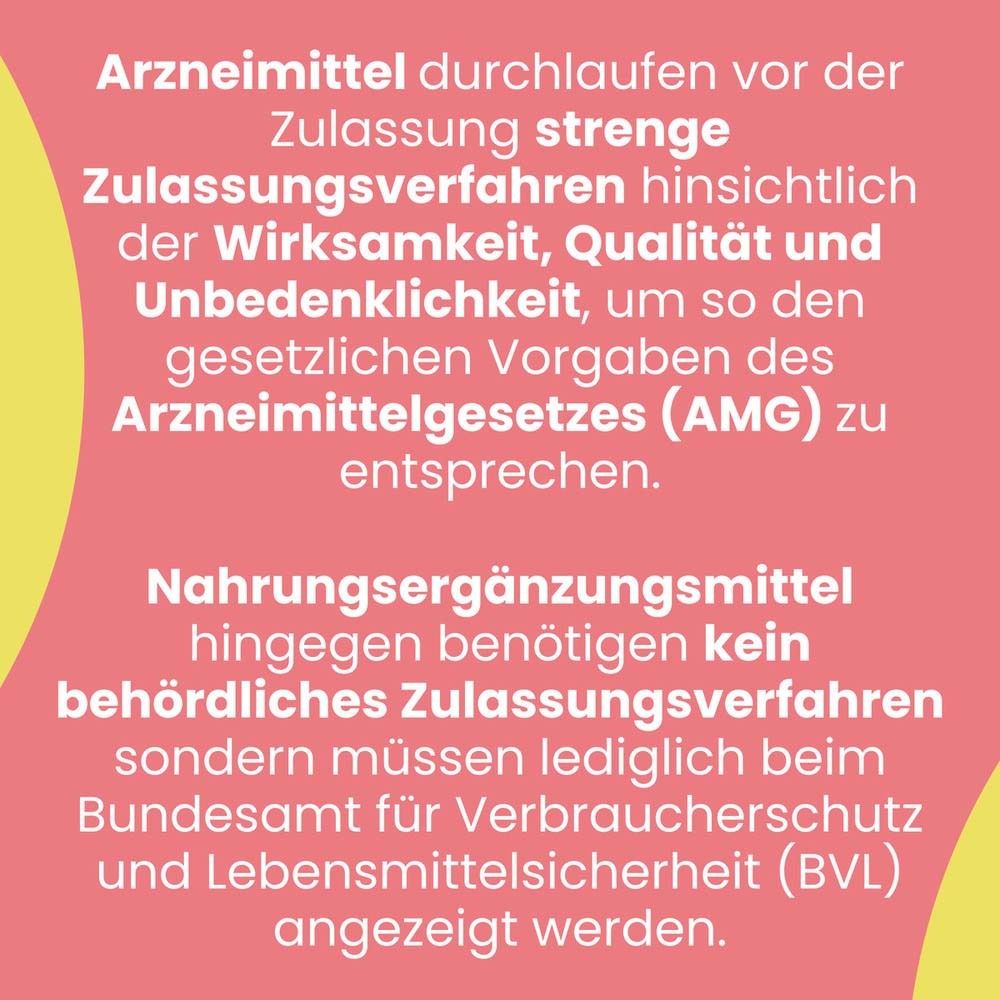 Text auf rosa Hintergrund: Arzneimittel durchlaufen strenge Zulassungsverfahren. Nahrungsergänzungsmittel nicht.