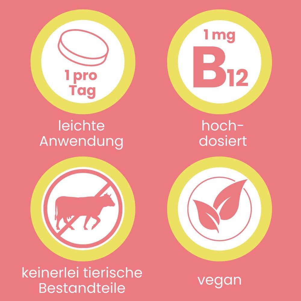 Kreisförmige Symbole auf rosa Hintergrund. 1 Tablette pro Tag, leicht anzuwenden, hochdosiert, vegan, ohne tierische Bestandteile.