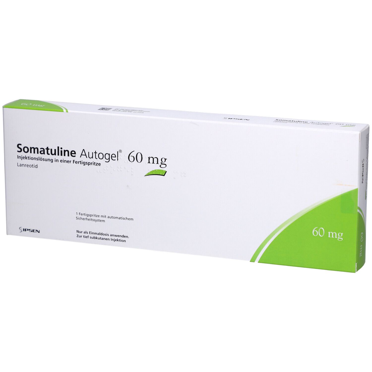 Weiße Schachtel mit grünen Akzenten. Aufschrift: Somatuline Autogel 60 mg. Injektionslösung in Fertigspritze. 60 mg.