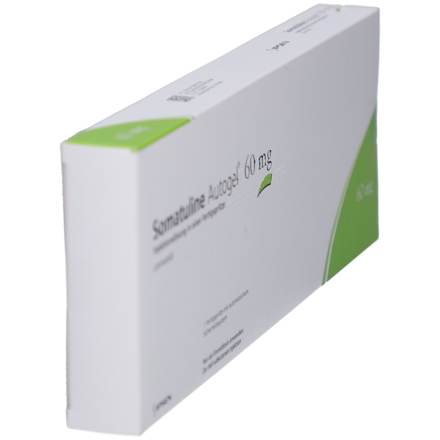 Weiße Schachtel, grüne Ecke. Aufschrift: Somatuline Autogel 60 mg. Injektionslösung in Fertigspritze. Seitenansicht.