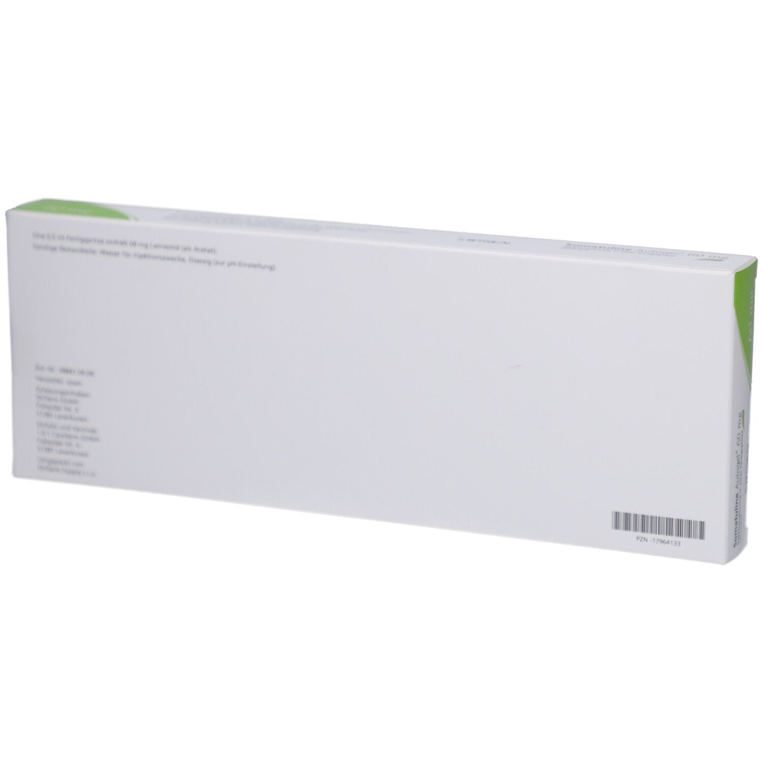 Rückseite der weißen Schachtel. Text und Barcode. Herstellerinformationen.