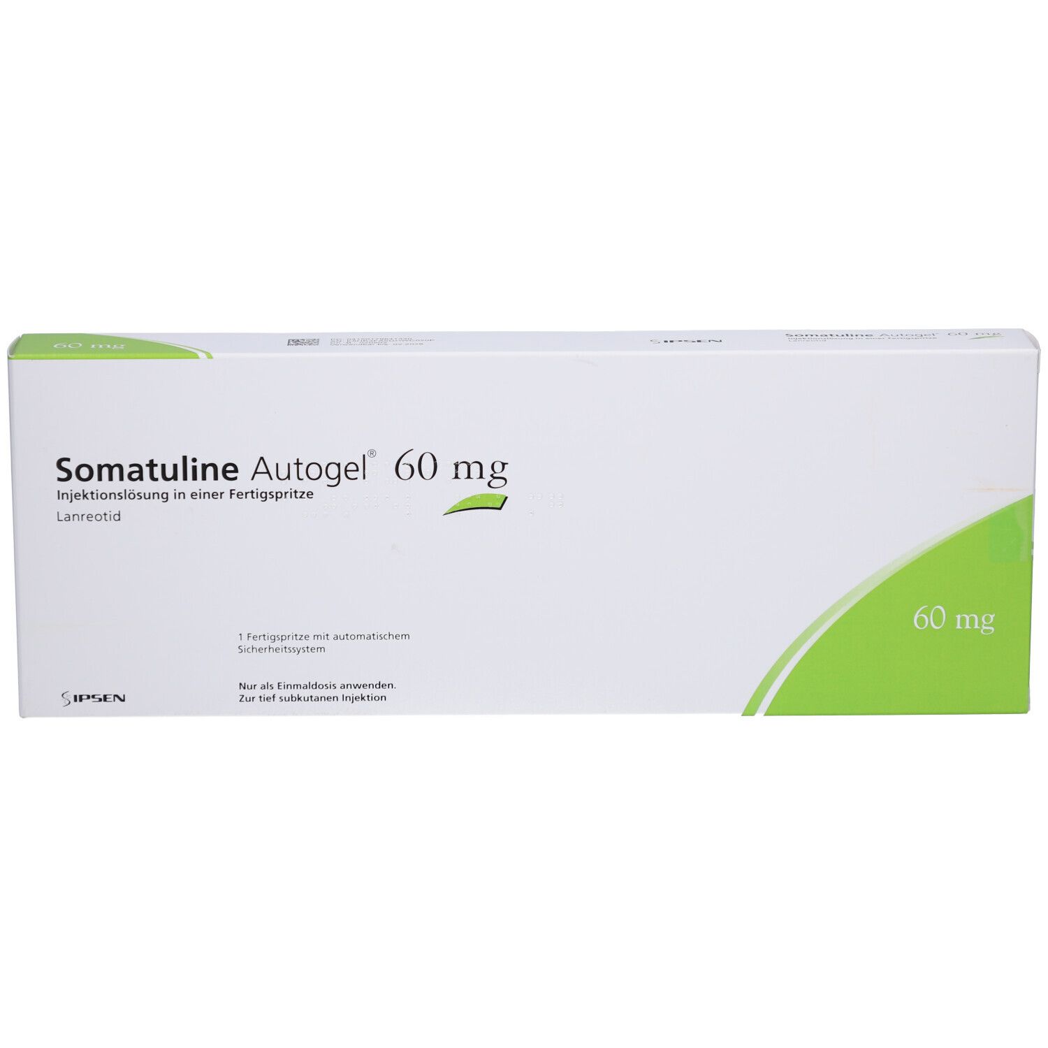 Weiße Schachtel mit grünen Akzenten. Aufschrift: Somatuline Autogel 60 mg. Injektionslösung in Fertigspritze. 60 mg.