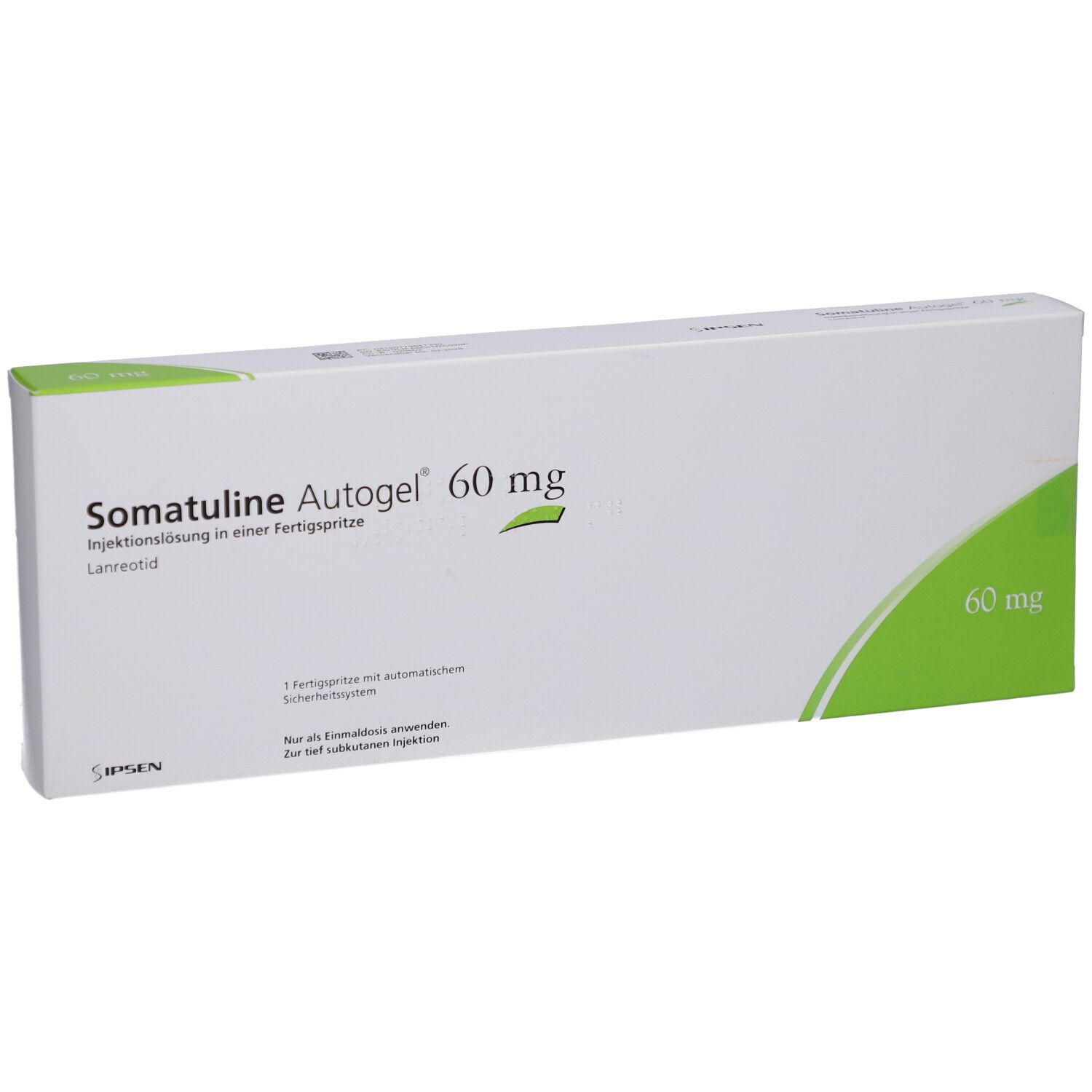 Weiße Schachtel mit grünen Akzenten. Aufschrift: Somatuline Autogel 60 mg. Injektionslösung in Fertigspritze. 60 mg.