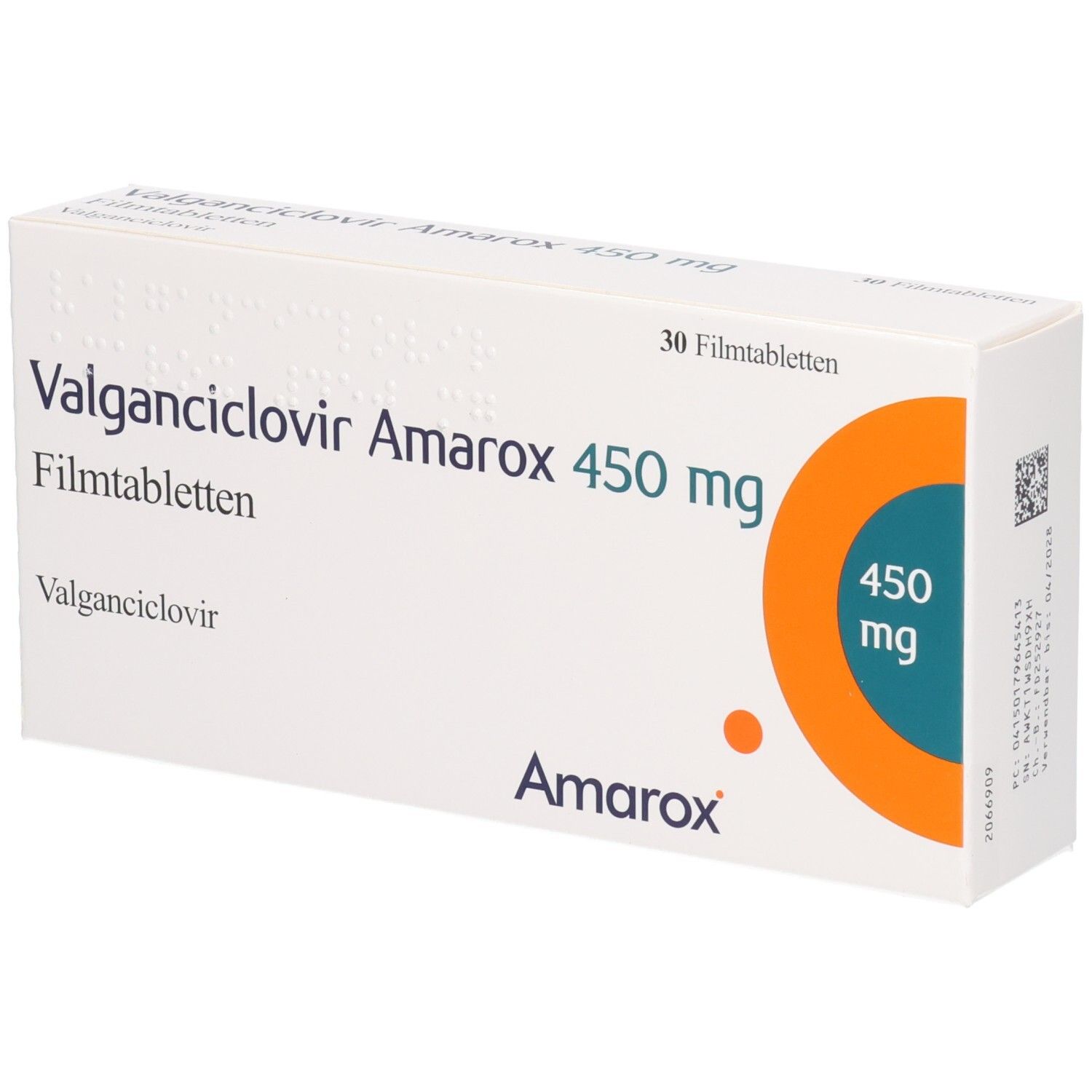 Packung Valganciclovir Amarox 450 mg Filmtabletten, 30 Stück.
