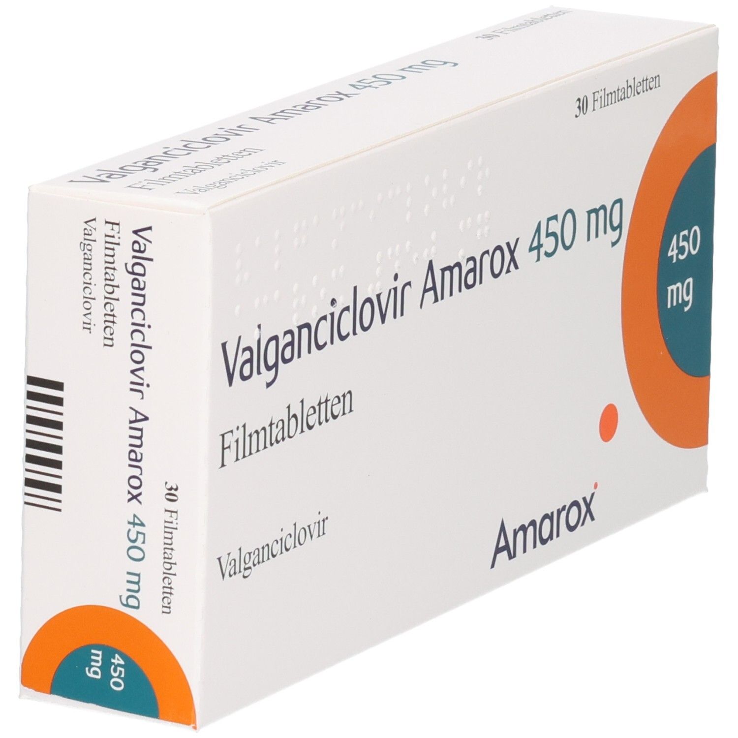 Packung Valganciclovir Amarox 450 mg Filmtabletten, 30 Stück, von der Seite.