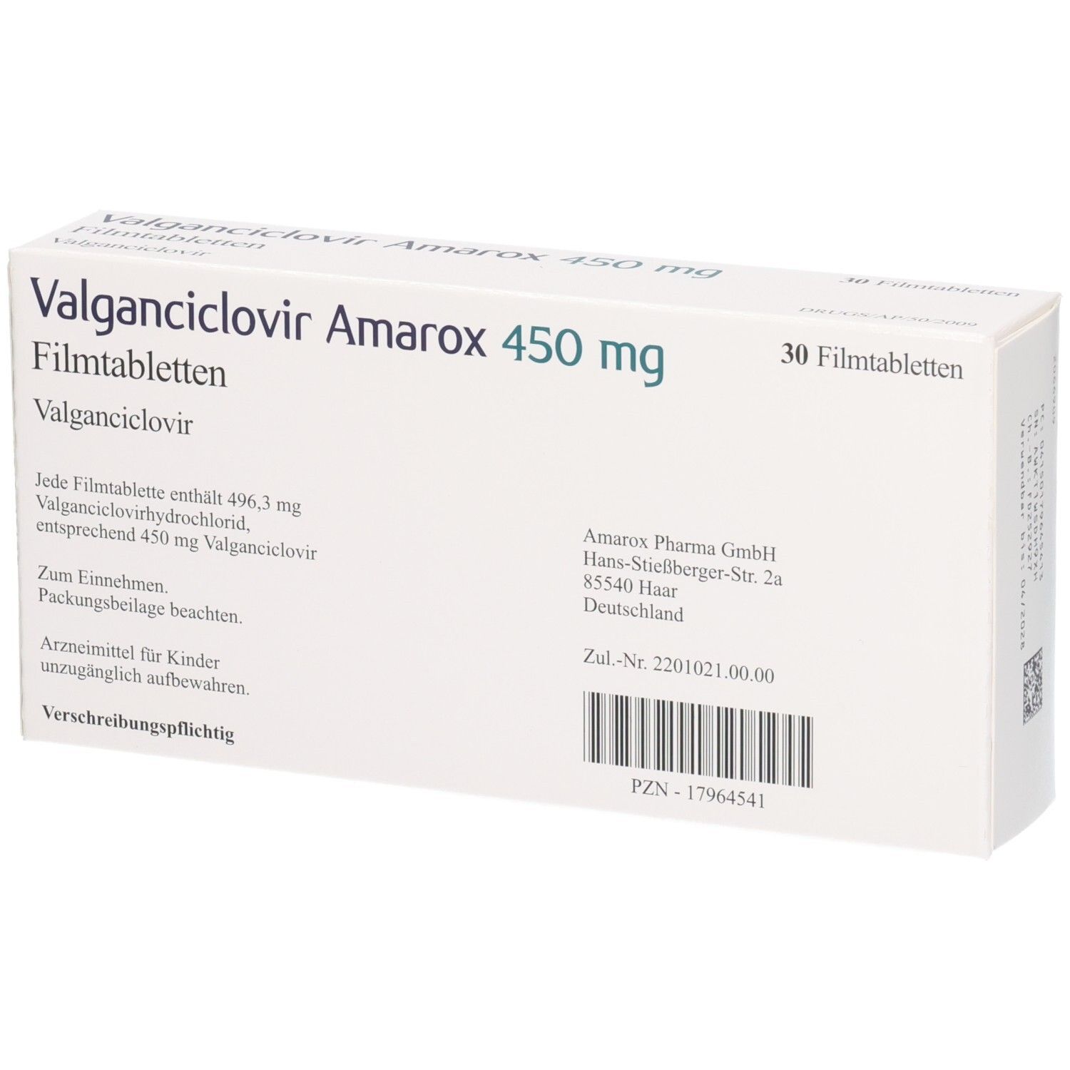 Rückseite der Packung Valganciclovir Amarox 450 mg Filmtabletten, 30 Stück.