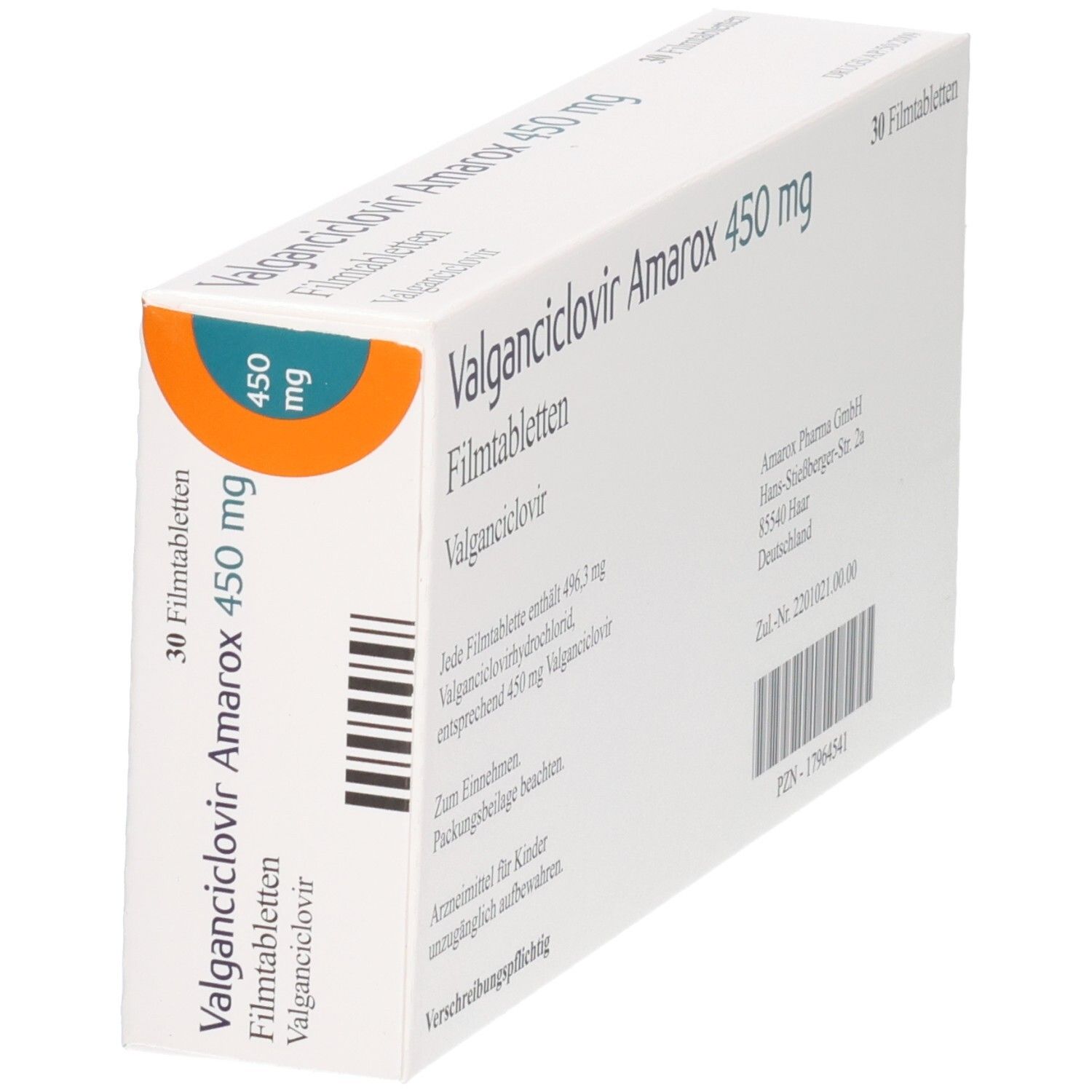 Packung Valganciclovir Amarox 450 mg Filmtabletten, 30 Stück, schräg von vorne.