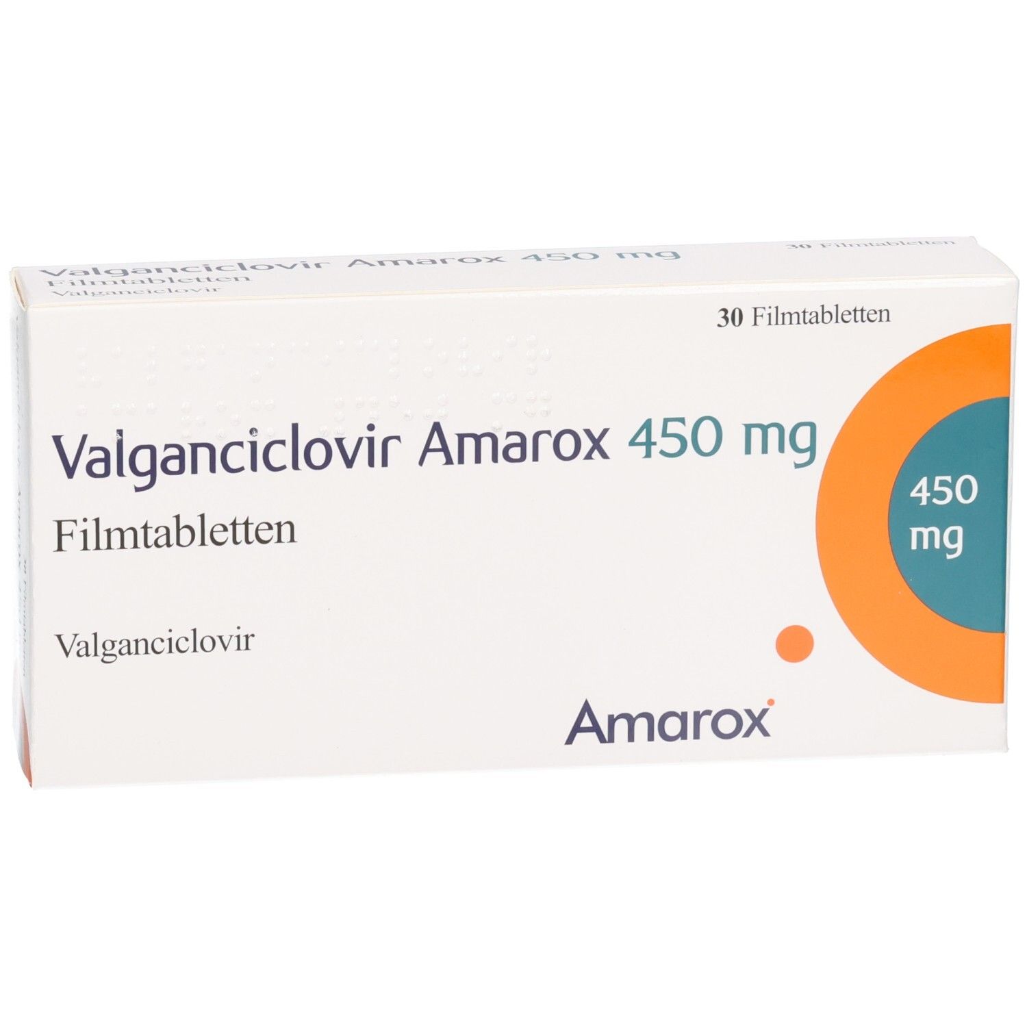 Packung Valganciclovir Amarox 450 mg Filmtabletten, 30 Stück.