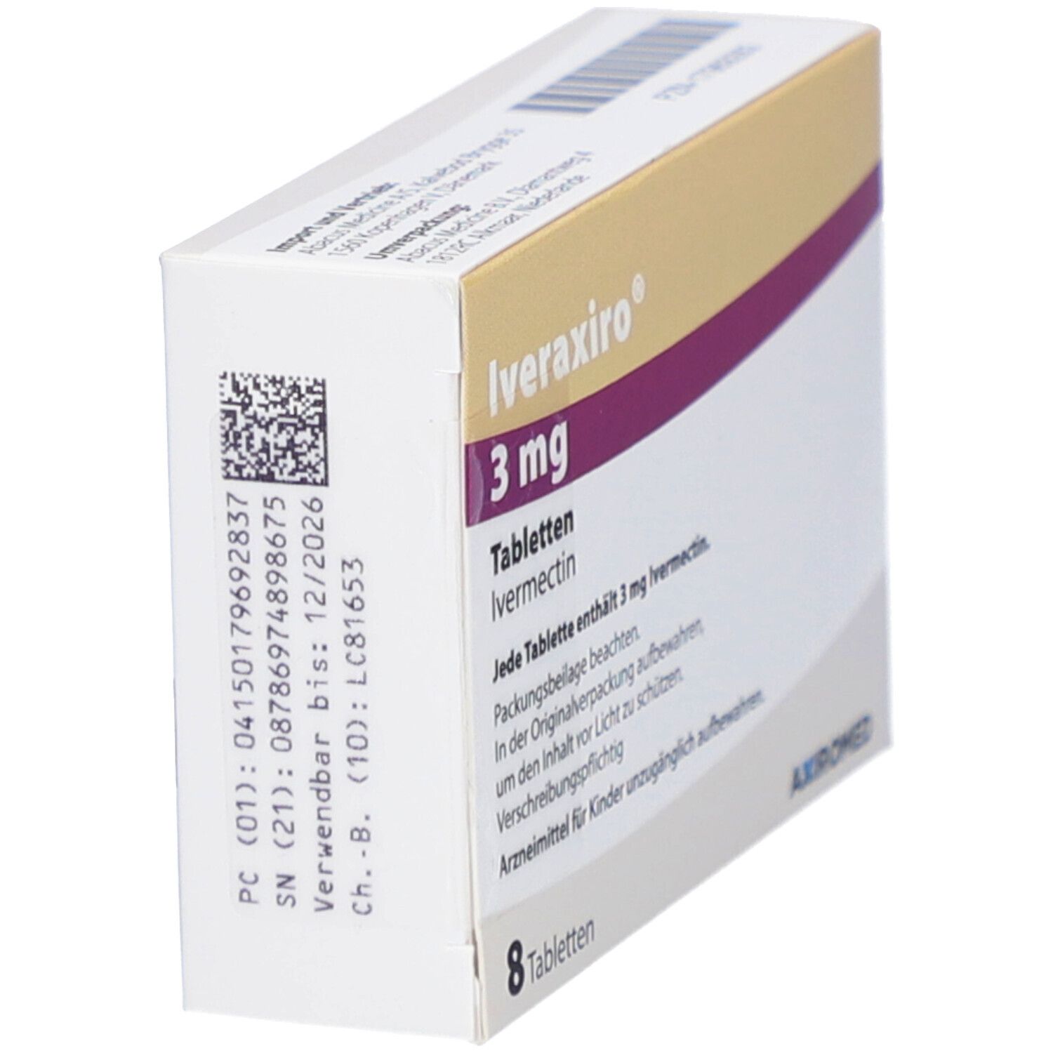 Schachtel Iveraxiro 3 mg Tabletten. 8 Tabletten. Aufschrift: Ivermectin, Axromed. Barcode.