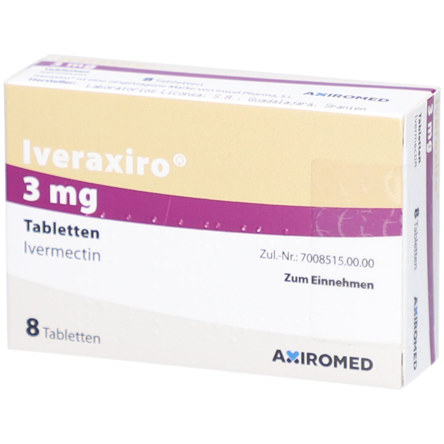 Schachtel Iveraxiro 3 mg Tabletten. 8 Tabletten. Aufschrift: Ivermectin, Axromed. Zul.-Nr.