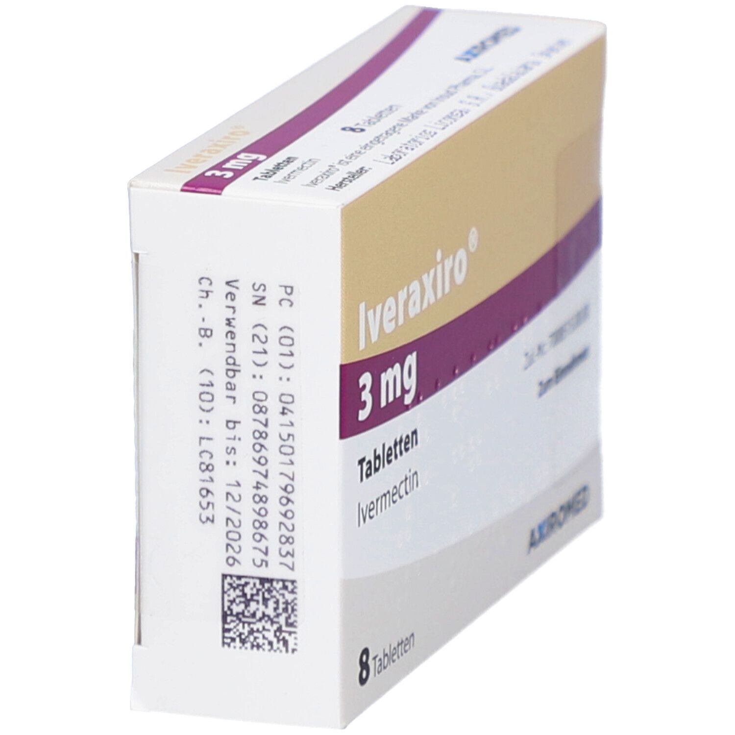 Schachtel Iveraxiro 3 mg Tabletten. 8 Tabletten. Aufschrift: Ivermectin, Axromed. Barcode.
