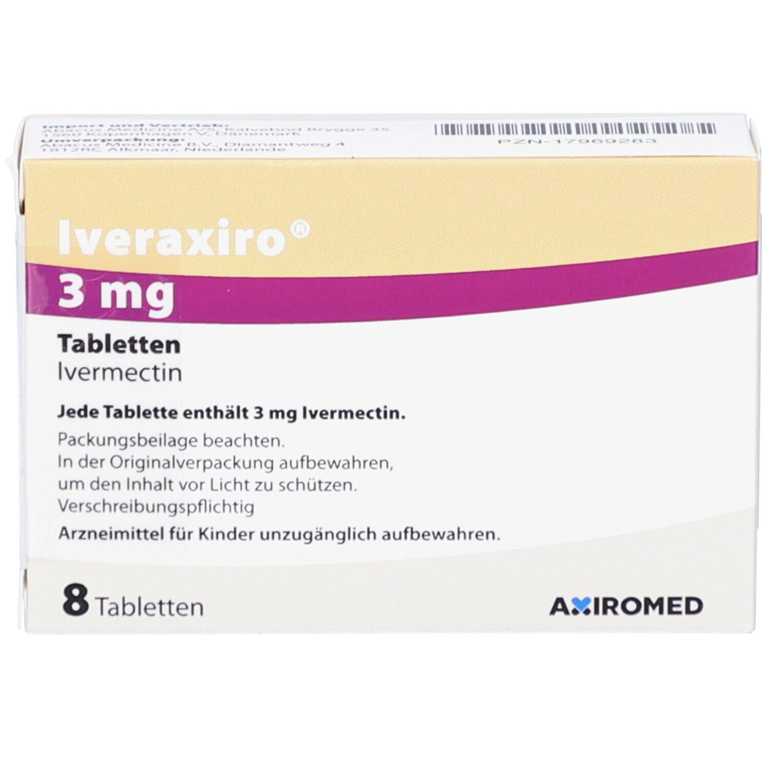Schachtel Iveraxiro 3 mg Tabletten. 8 Tabletten. Aufschrift: Ivermectin, Axromed.