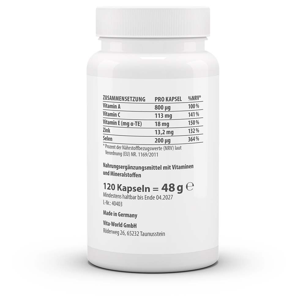 Rückseite der weißen Flasche. Enthält Nährwertangaben pro Kapsel. 120 Kapseln, 48g. Mindestens haltbar bis Ende 04.2027.