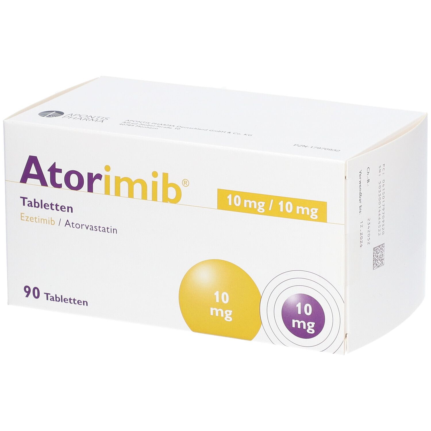 Schachtel ATORIMIB 10 mg/10 mg Tabletten. Aufdruck: 90 Tabletten, 10 mg/10 mg. Gelbe und violette Kreise mit 10 mg.
