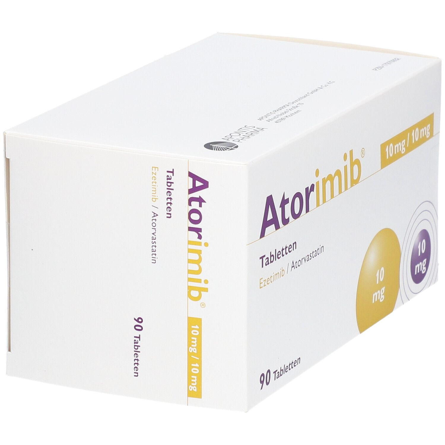 Schachtel ATORIMIB 10 mg/10 mg Tabletten. Aufdruck: 90 Tabletten, 10 mg/10 mg. Gelbe und violette Kreise mit 10 mg.