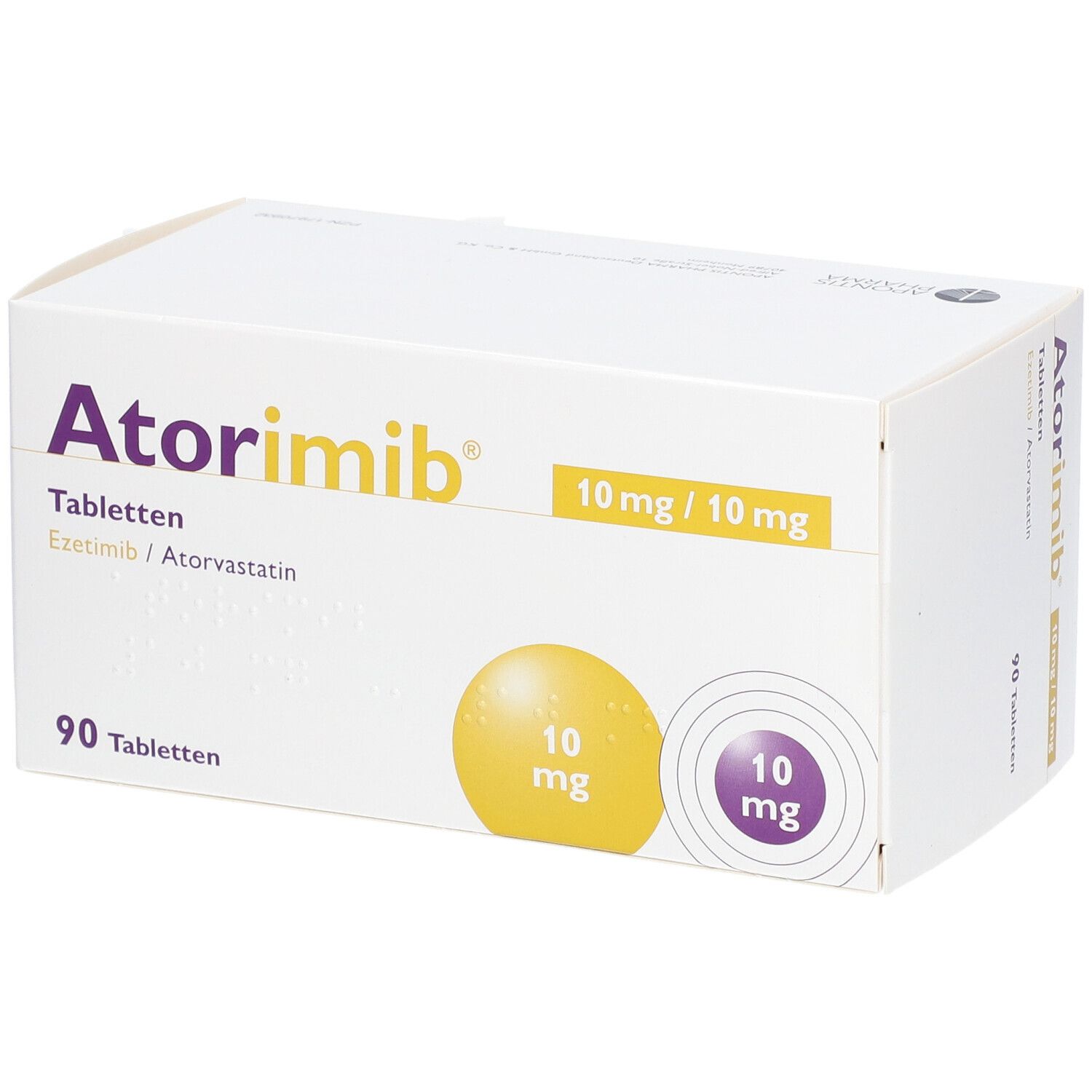 Schachtel ATORIMIB 10 mg/10 mg Tabletten. Aufdruck: 90 Tabletten, 10 mg/10 mg. Gelbe und violette Kreise mit 10 mg.