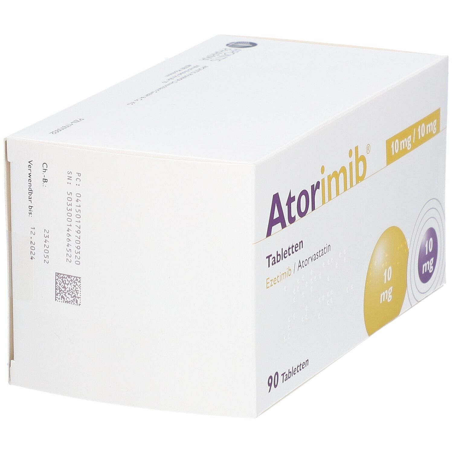 Schachtel ATORIMIB 10 mg/10 mg Tabletten. Aufdruck: 90 Tabletten, 10 mg/10 mg. Gelbe und violette Kreise mit 10 mg.