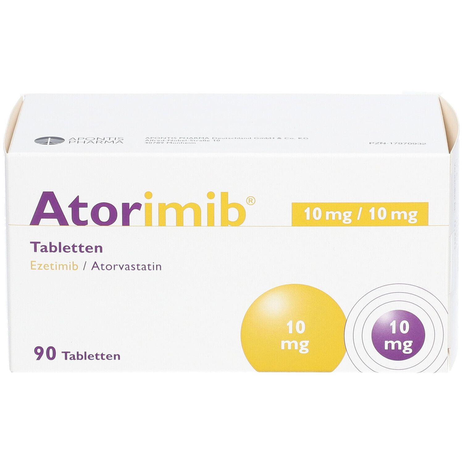 Schachtel ATORIMIB 10 mg/10 mg Tabletten. Aufdruck: 90 Tabletten, 10 mg/10 mg. Gelbe und violette Kreise mit 10 mg.