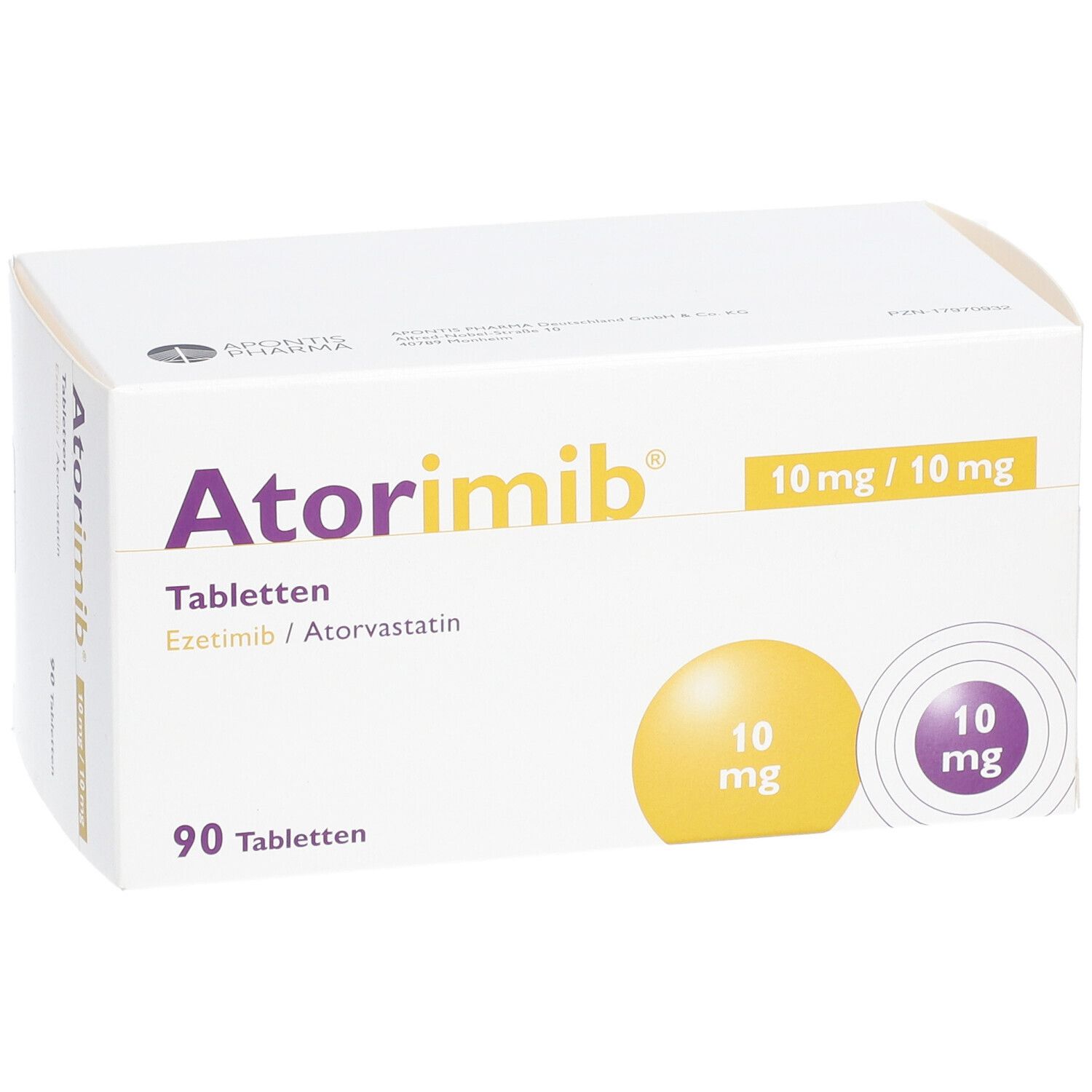 Schachtel ATORIMIB 10 mg/10 mg Tabletten. Aufdruck: 90 Tabletten, 10 mg/10 mg. Gelbe und violette Kreise mit 10 mg.