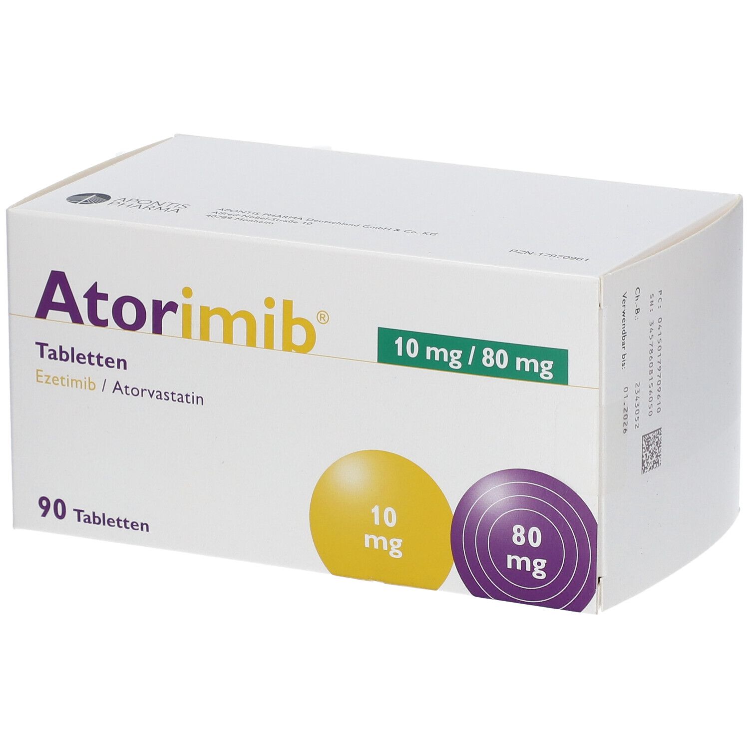 Schachtel ATORIMIB 10 mg/80 mg Tabletten. Aufschrift: 90 Tabletten. Gelbe und violette Kreise mit Dosierungsangaben. Ezetimib/Atorvastatin.