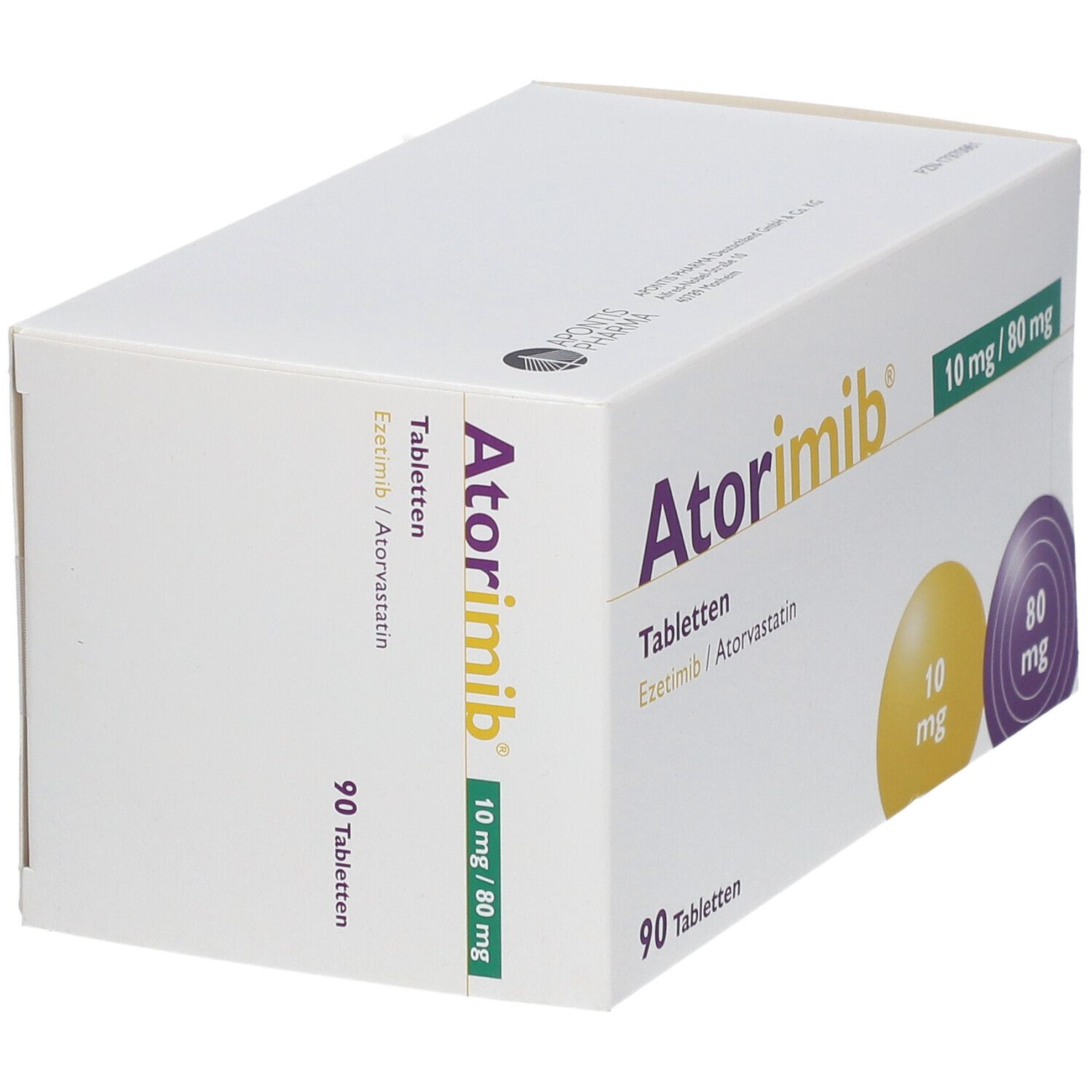 Schachtel ATORIMIB 10 mg/80 mg Tabletten. Aufschrift: 90 Tabletten. Gelbe und violette Kreise mit Dosierungsangaben. Ezetimib/Atorvastatin.