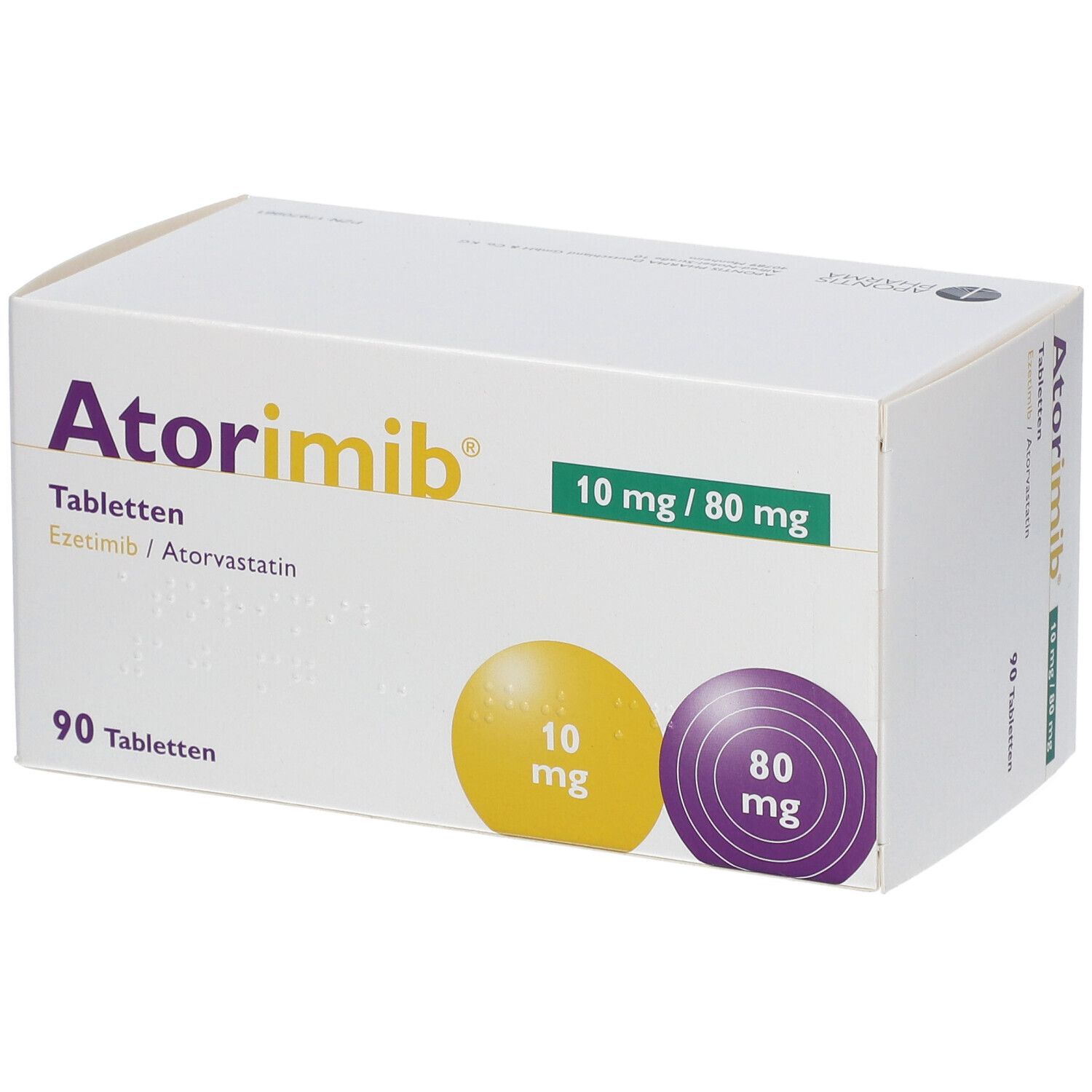 Schachtel ATORIMIB 10 mg/80 mg Tabletten. Aufschrift: 90 Tabletten. Gelbe und violette Kreise mit Dosierungsangaben. Ezetimib/Atorvastatin.