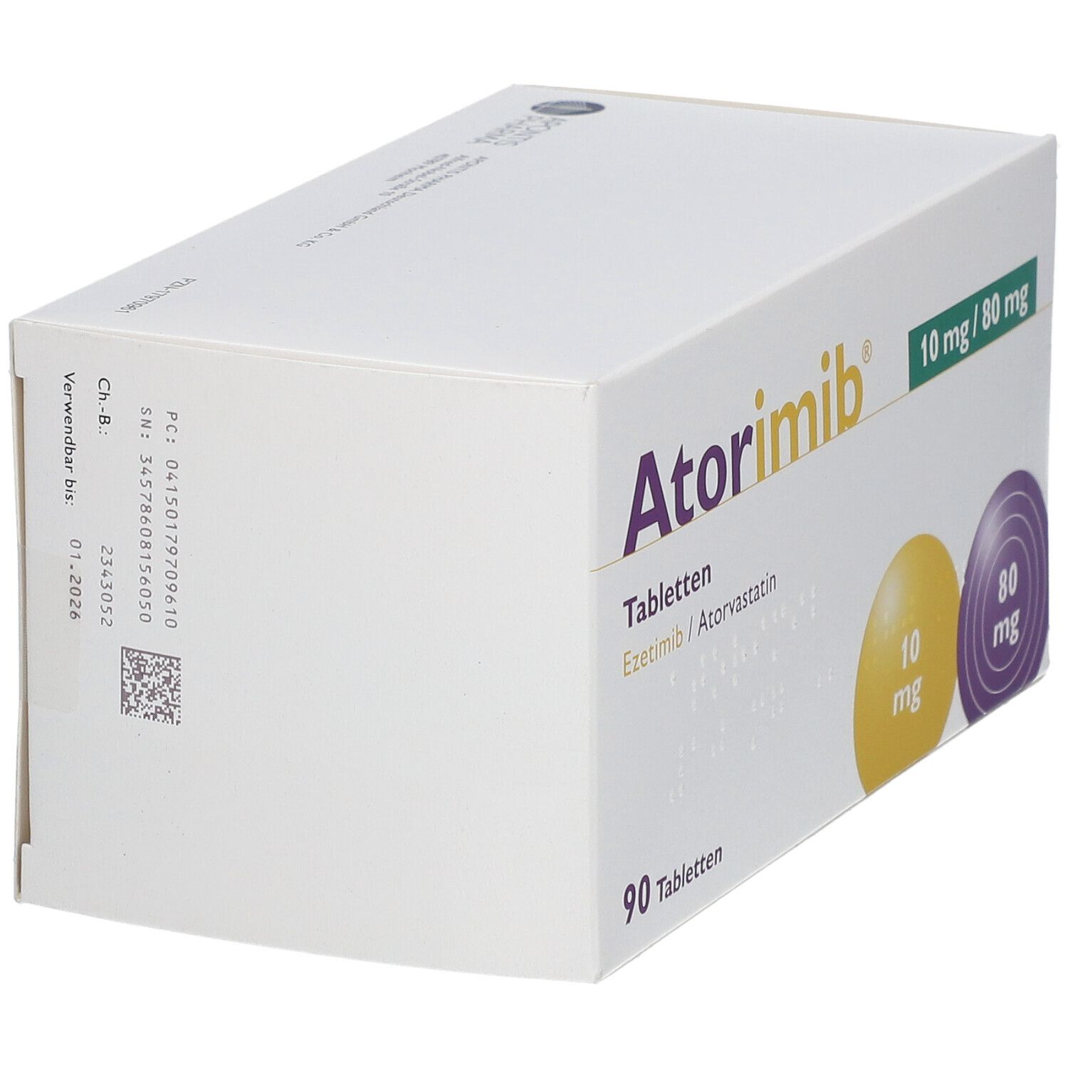 Schachtel ATORIMIB 10 mg/80 mg Tabletten. Aufschrift: 90 Tabletten. Gelbe und violette Kreise mit Dosierungsangaben. Ezetimib/Atorvastatin.