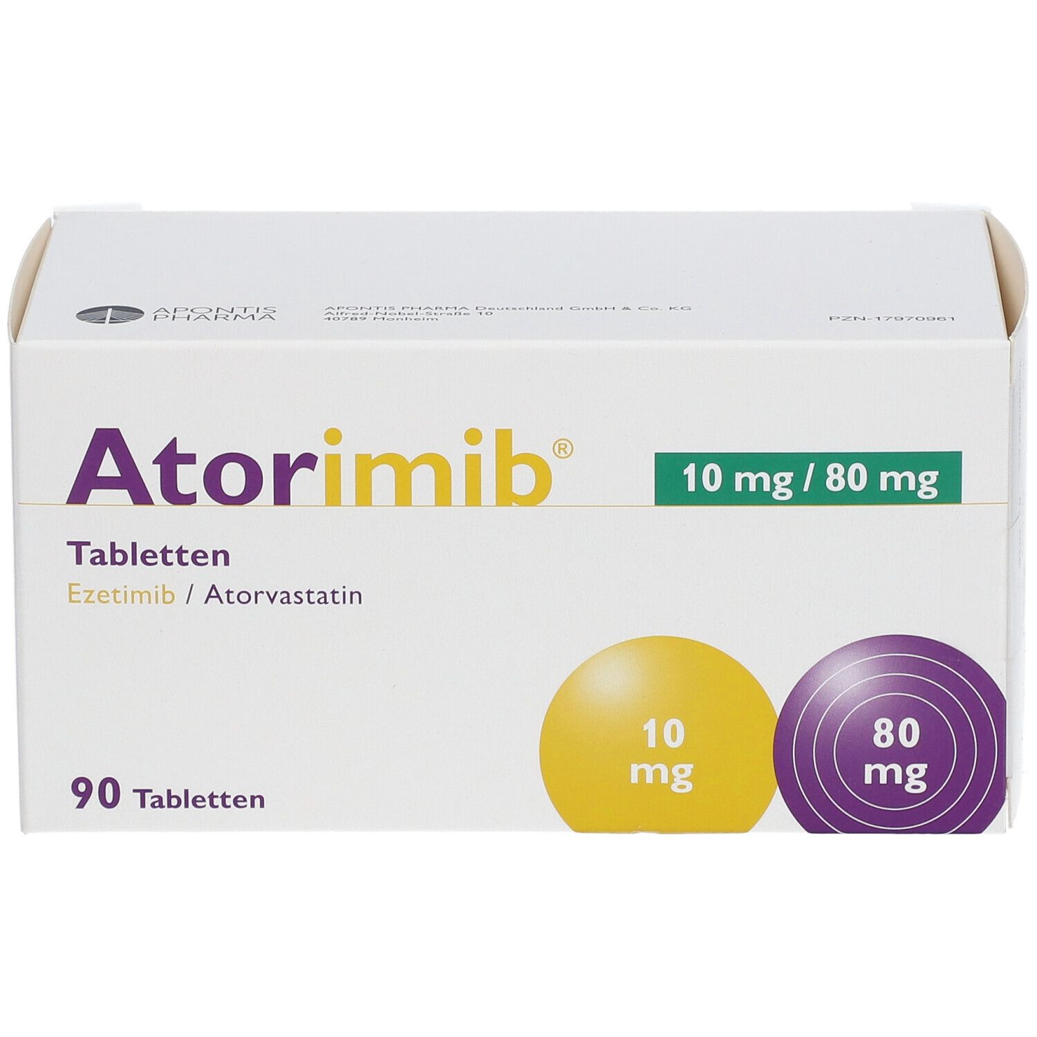 Schachtel ATORIMIB 10 mg/80 mg Tabletten. Aufschrift: 90 Tabletten. Gelbe und violette Kreise mit Dosierungsangaben. Ezetimib/Atorvastatin.