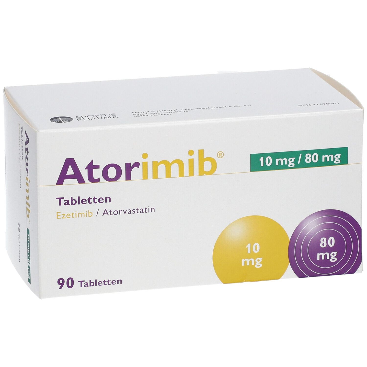 Schachtel ATORIMIB 10 mg/80 mg Tabletten. Aufschrift: 90 Tabletten. Gelbe und violette Kreise mit Dosierungsangaben. Ezetimib/Atorvastatin.